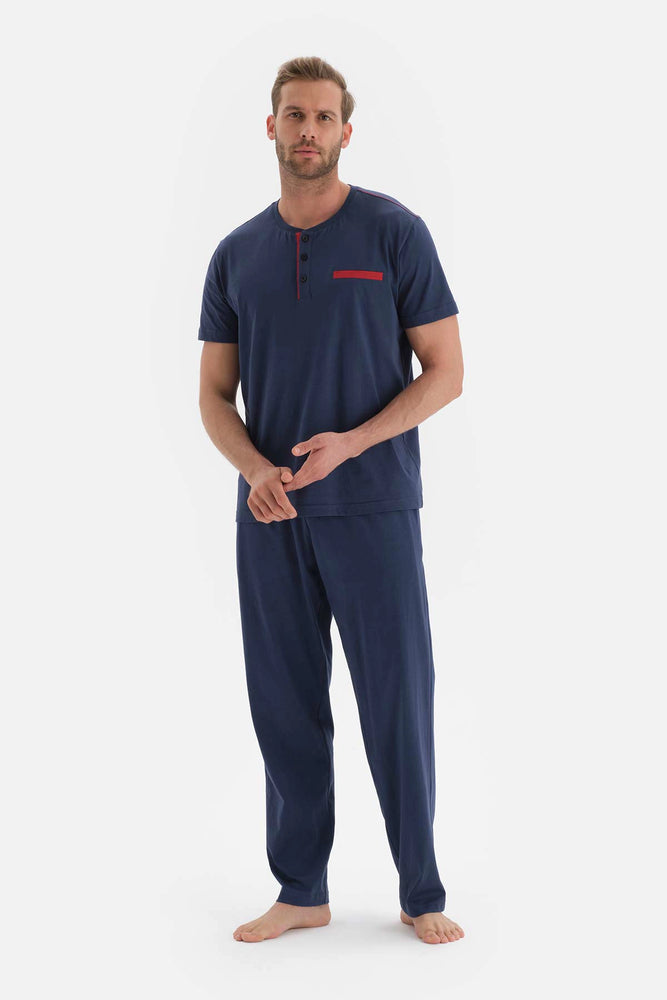 Lacivert Kısa Kol Düğmeli Yaka Pamuklu Pijama Takımı