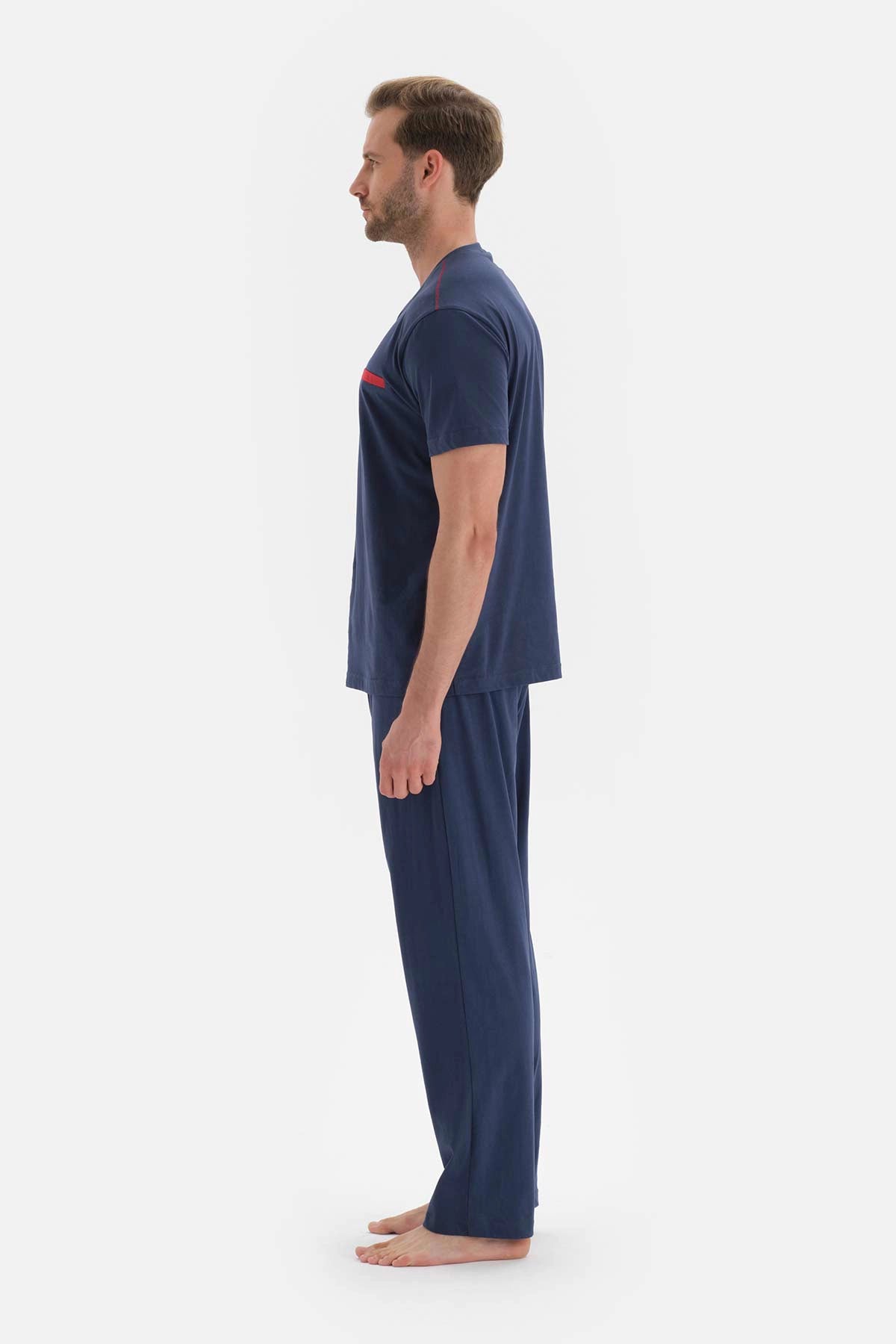 Lacivert Kısa Kol Düğmeli Yaka Pamuklu Pijama Takımı