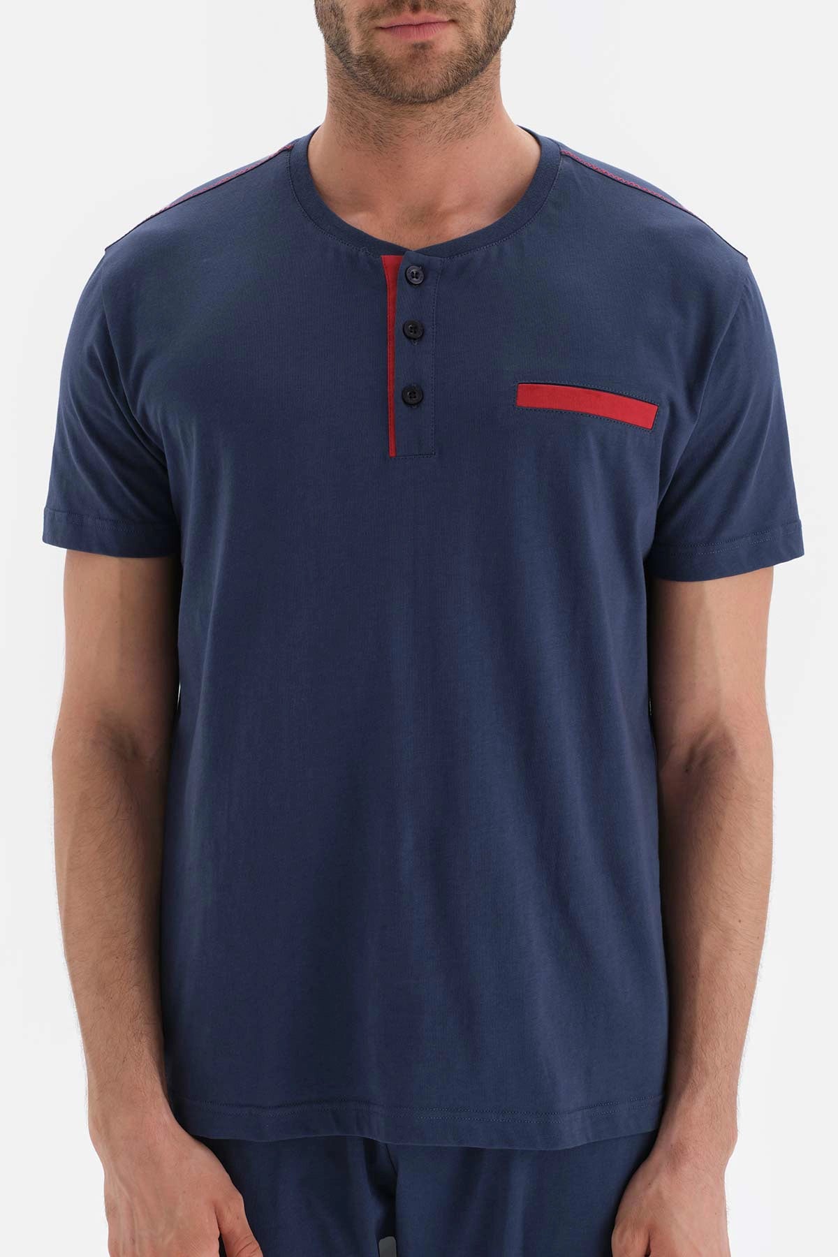 Lacivert Kısa Kol Düğmeli Yaka Pamuklu Pijama Takımı