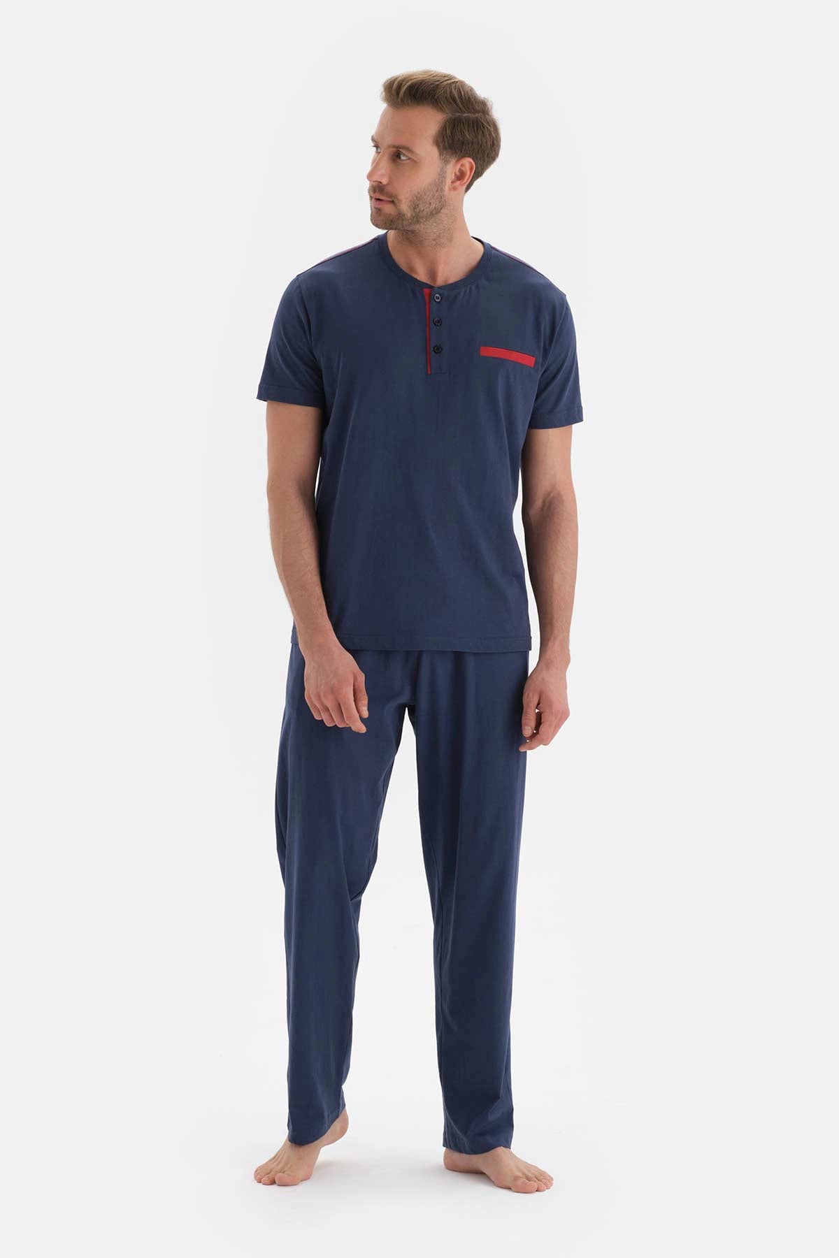 Lacivert Kısa Kol Düğmeli Yaka Pamuklu Pijama Takımı
