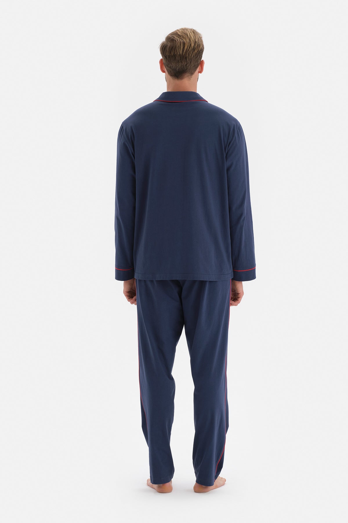 Lacivert Uzun Kol Gömlek Yaka Pamuklu Pijama Takımı