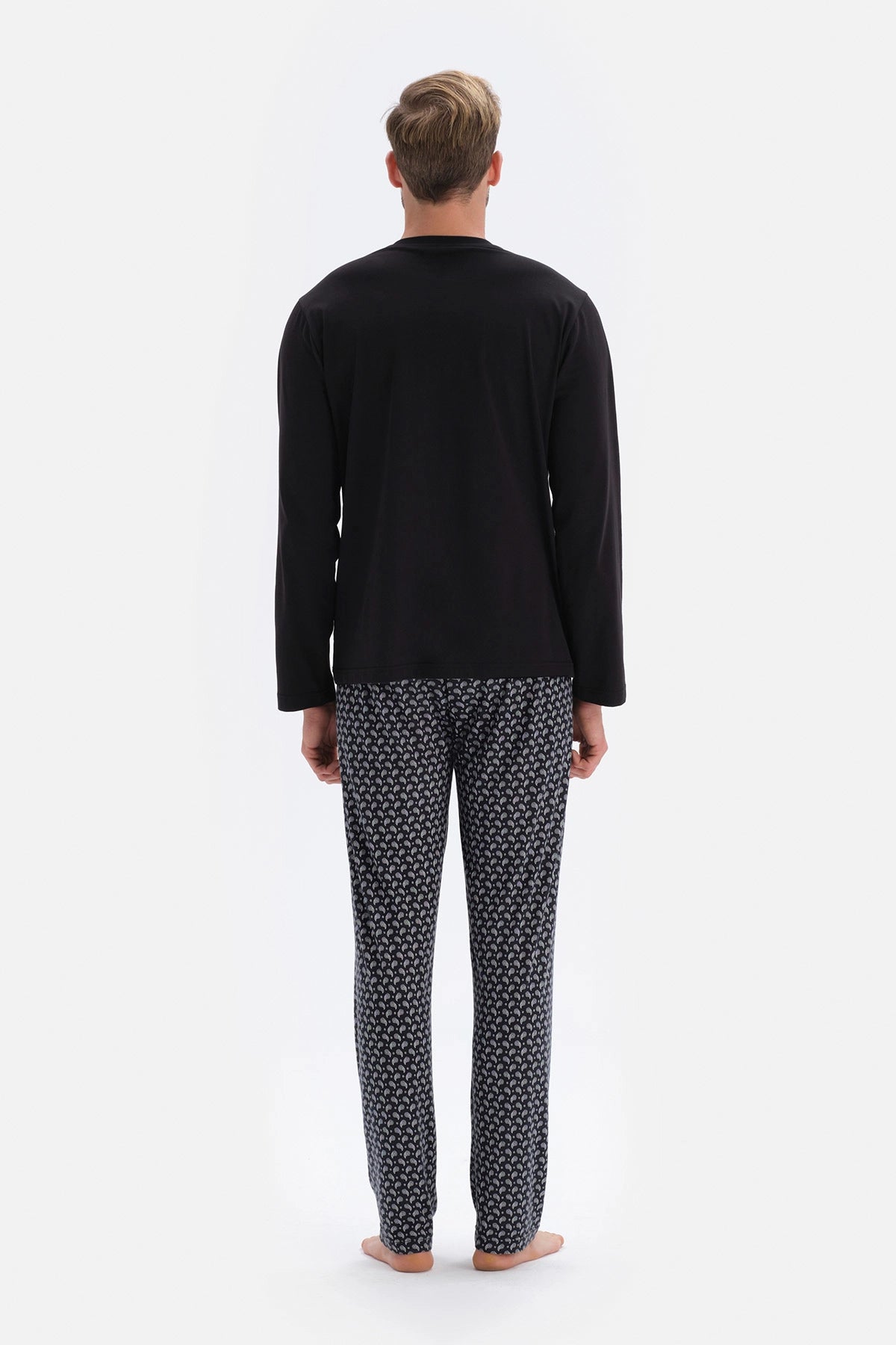 Siyah Uzun Kol Üst Metraj Baskılı Alt Modal Damat Pijama Takımı