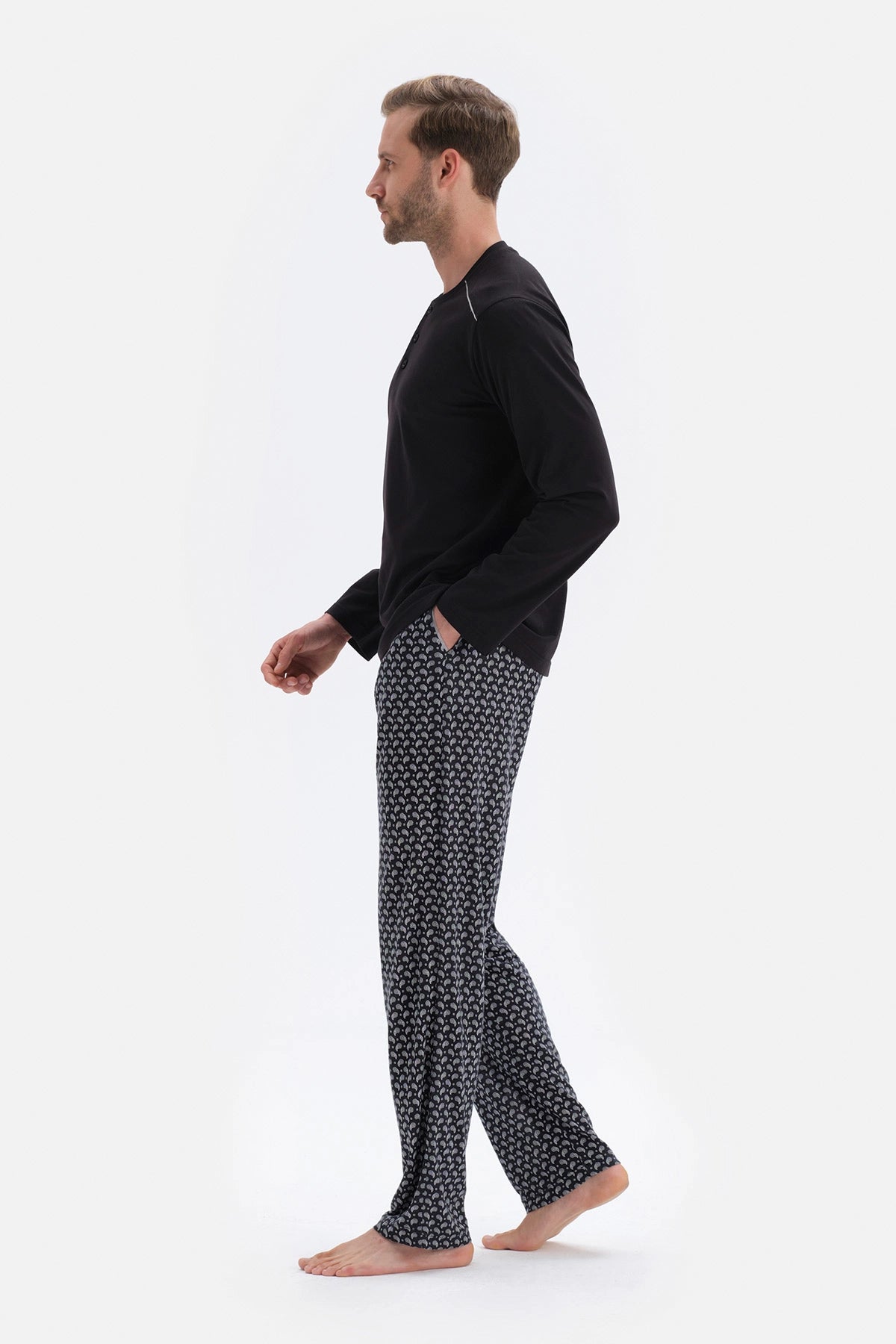 Siyah Uzun Kol Üst Metraj Baskılı Alt Modal Damat Pijama Takımı