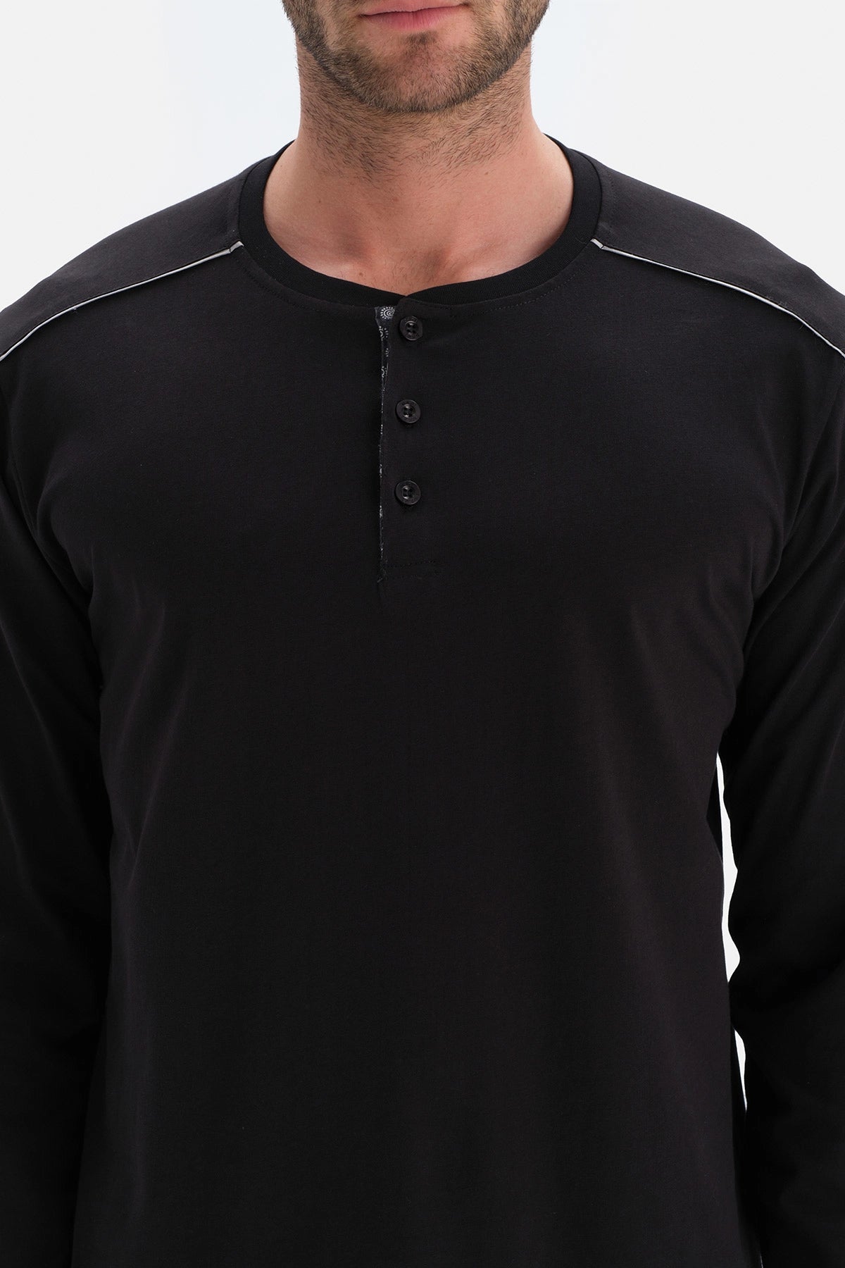 Siyah Uzun Kol Üst Metraj Baskılı Alt Modal Damat Pijama Takımı