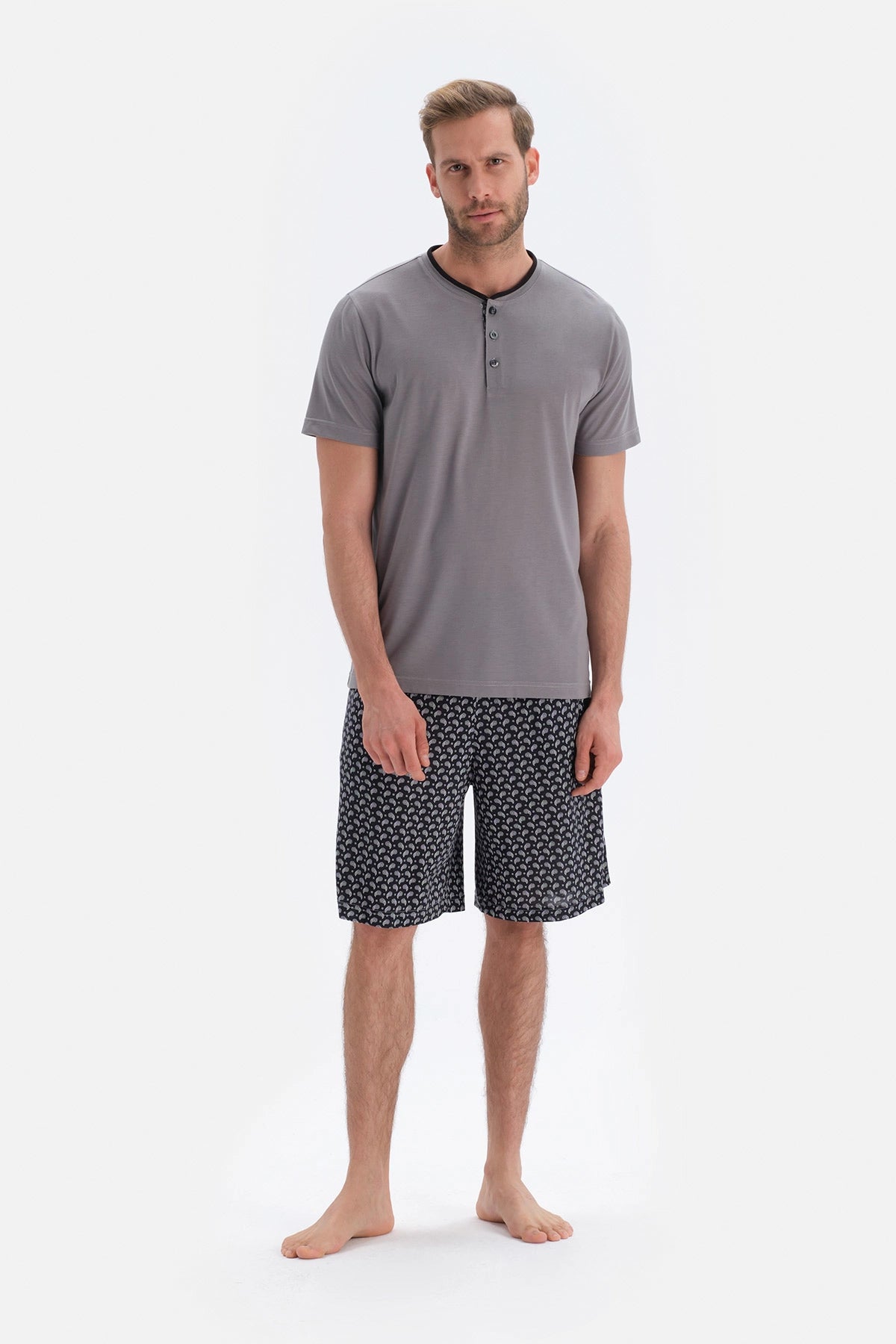 Gri Kısa Kol Üçlü Modal Set Damat Pijama Takımı
