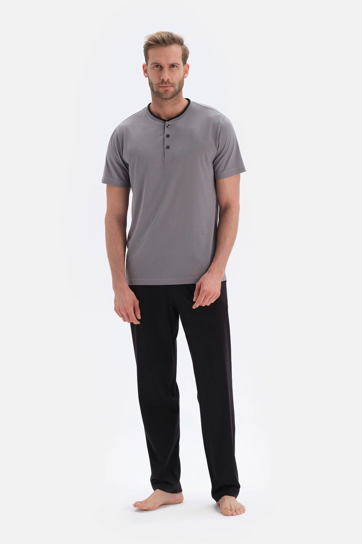 Gri Kısa Kol Üçlü Modal Set Damat Pijama Takımı
