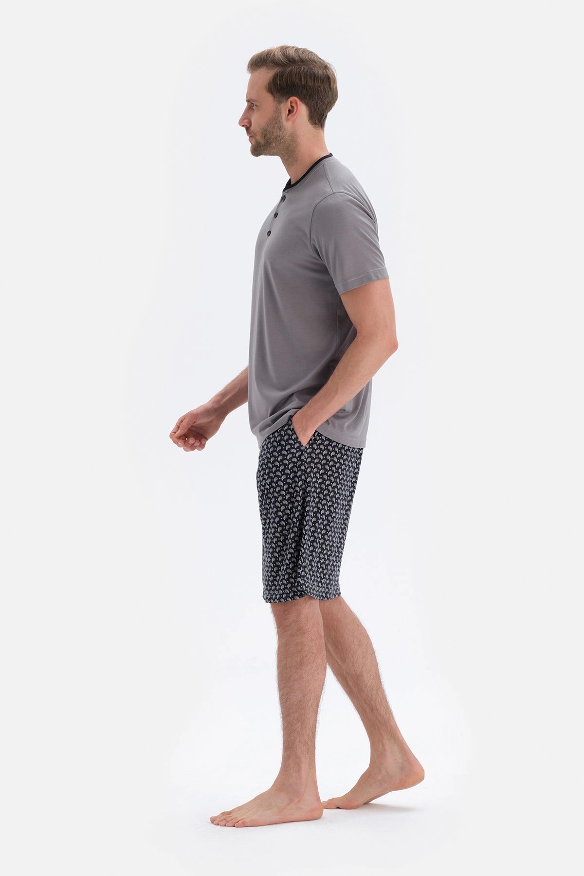 Gri Kısa Kol Üçlü Modal Set Damat Pijama Takımı