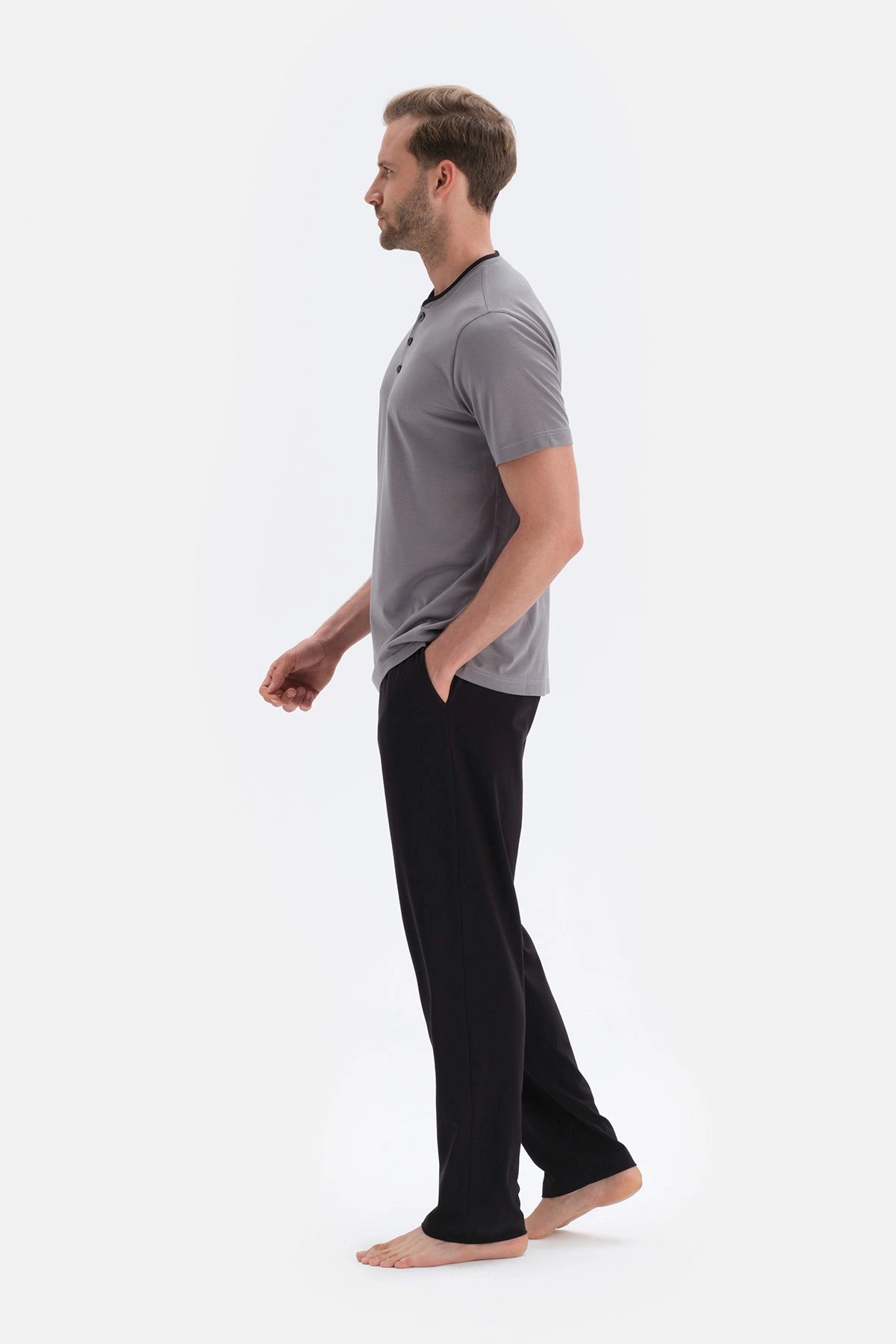 Gri Kısa Kol Üçlü Modal Set Damat Pijama Takımı