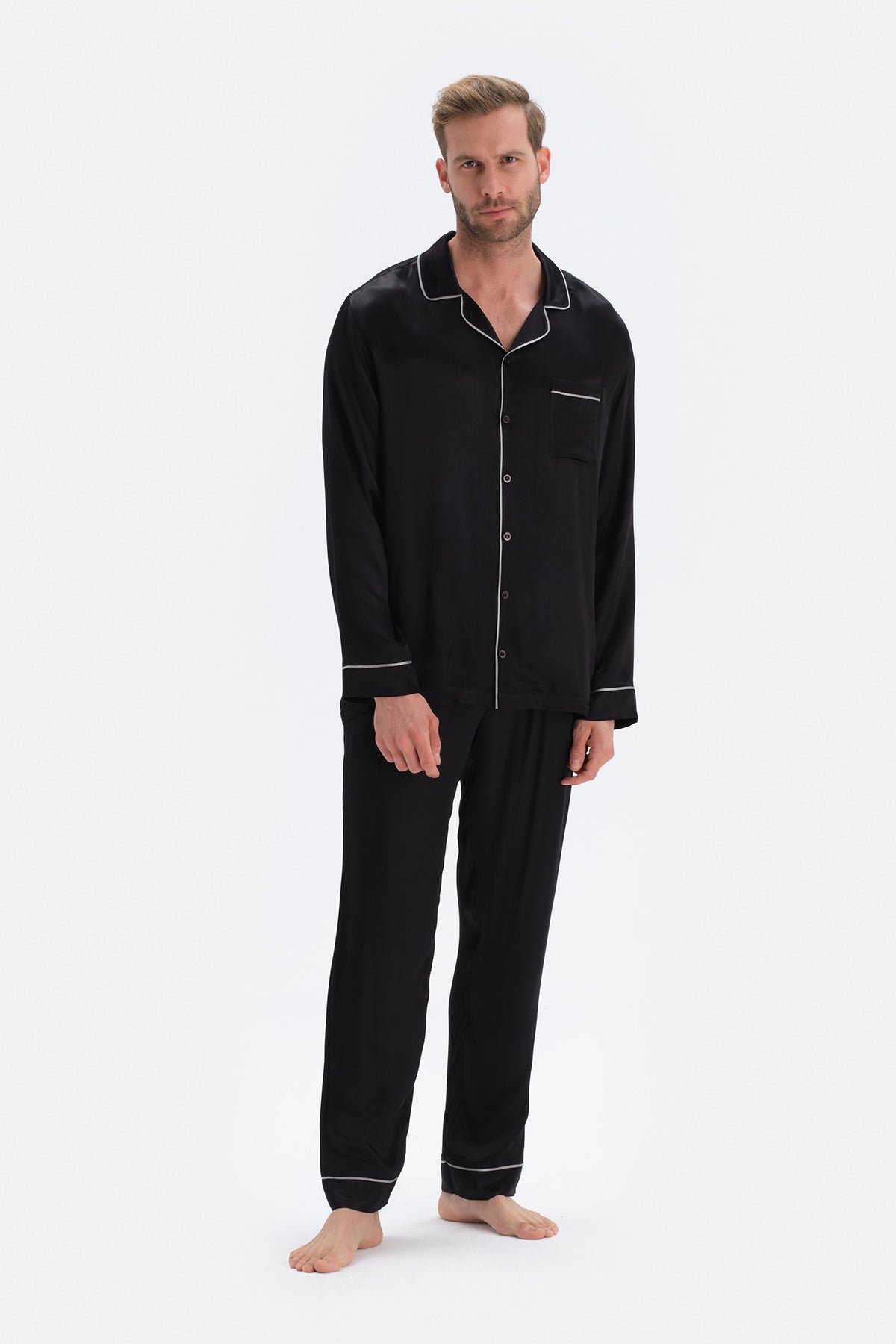 Siyah Uzun Kol Saten Damat Pijama Takımı