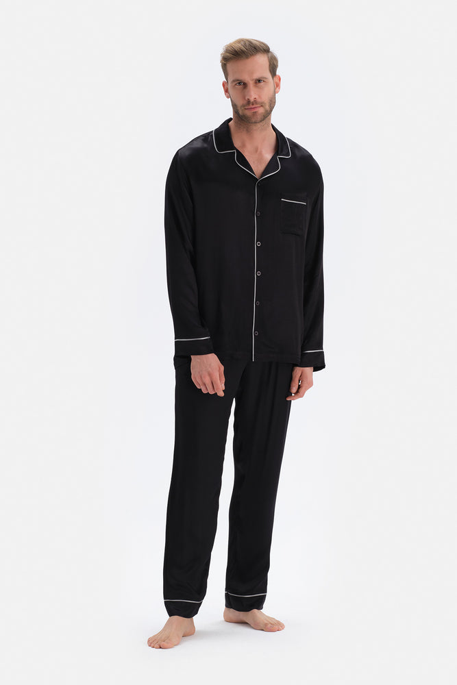 Siyah Uzun Kol Saten Damat Pijama Takımı