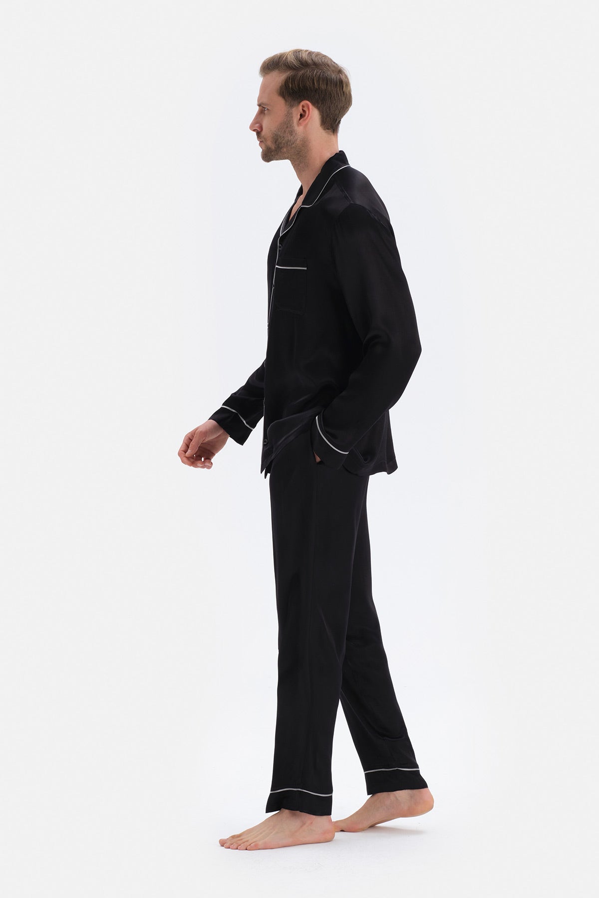 Siyah Uzun Kol Saten Damat Pijama Takımı