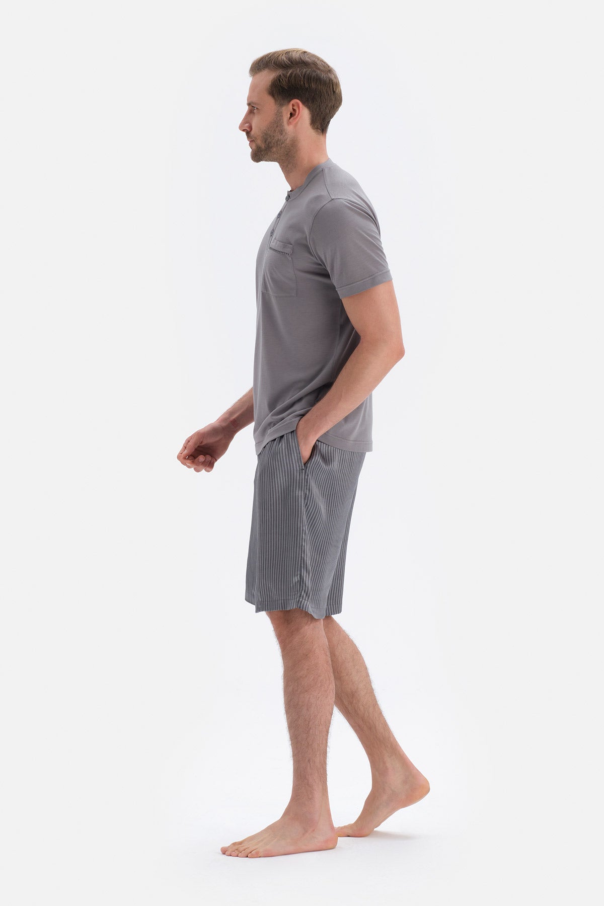 Gri T-Shirt Pantolon Şort Üçlü Set Damat Pijama Takımı