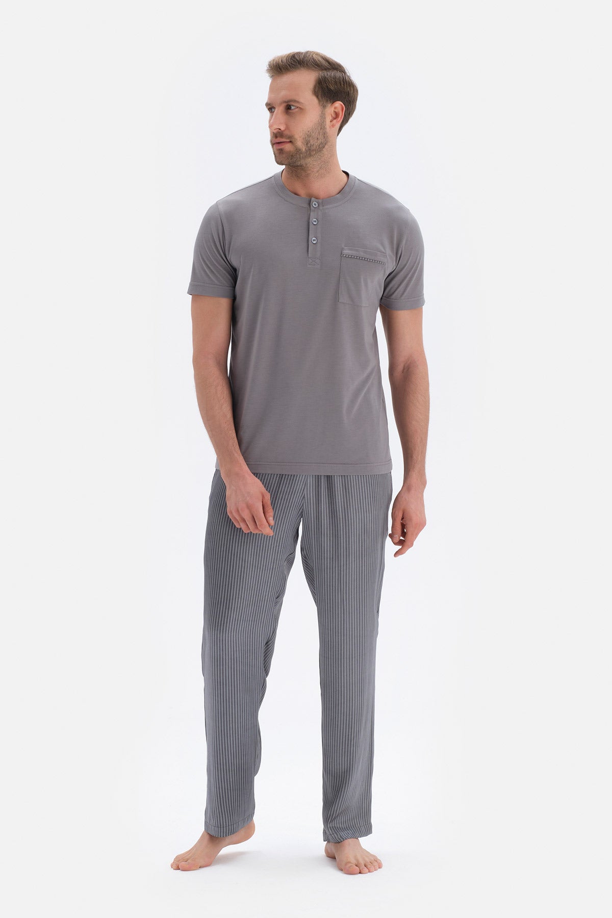 Gri T-Shirt Pantolon Şort Üçlü Set Damat Pijama Takımı