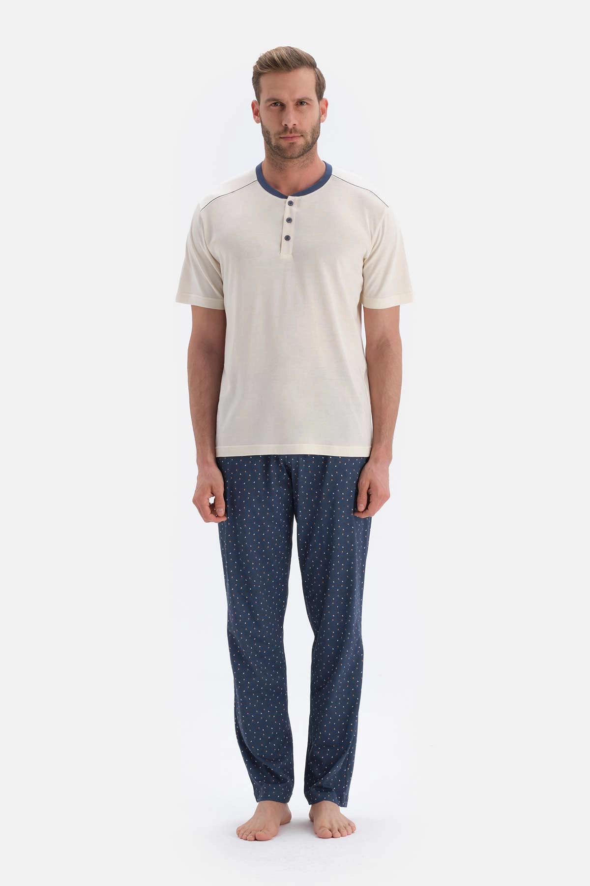 Ekru Kısa Kollu Örme Pijama Takımı
