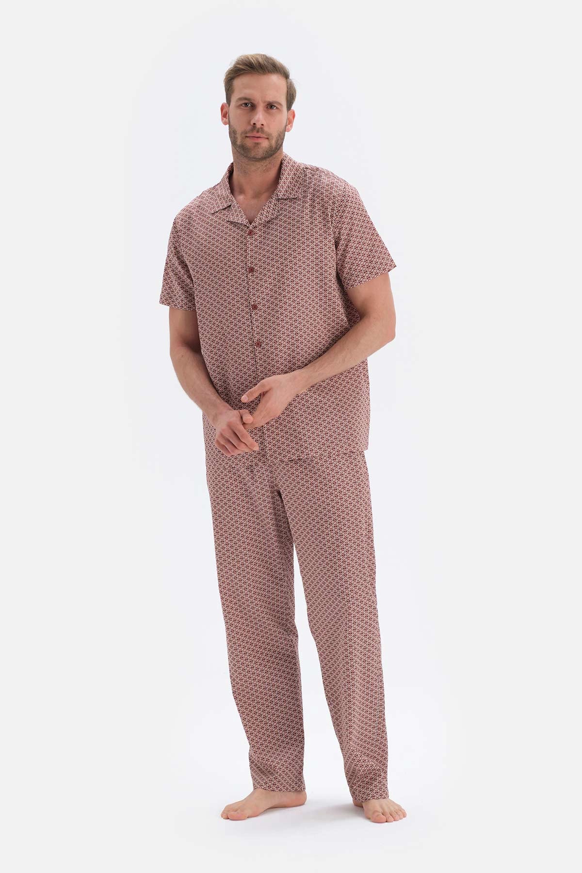 Karışık Karışık Metraj Desenli Gömlek Yaka Dokuma Pijama Takımı