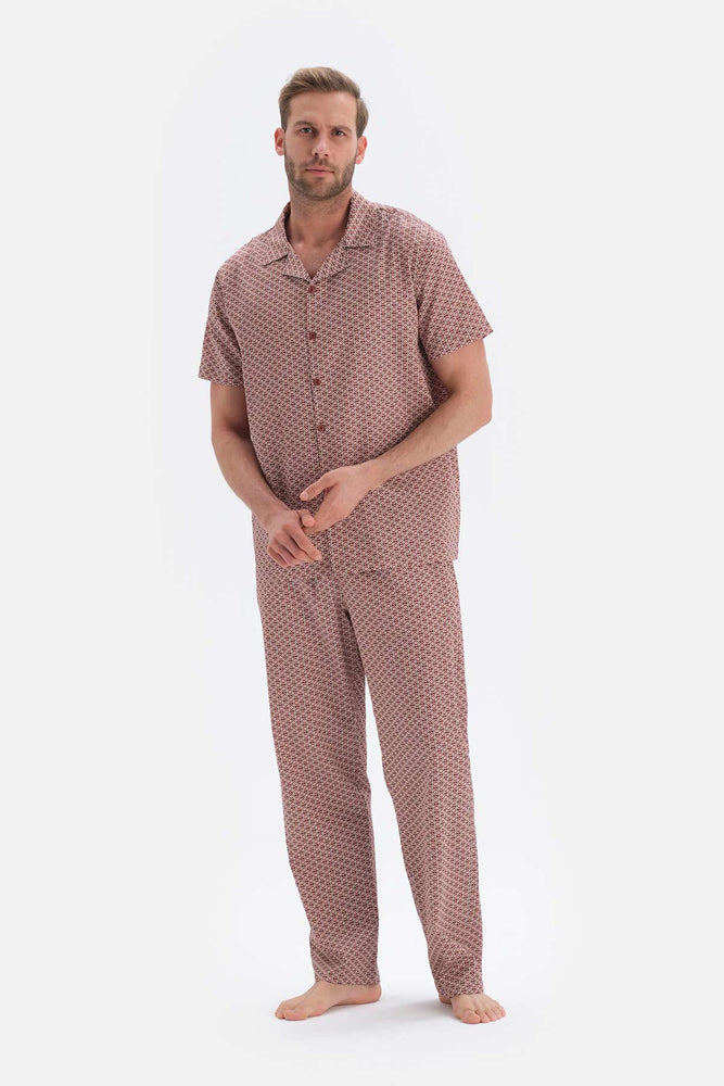 Karışık Karışık Metraj Desenli Gömlek Yaka Dokuma Pijama Takımı