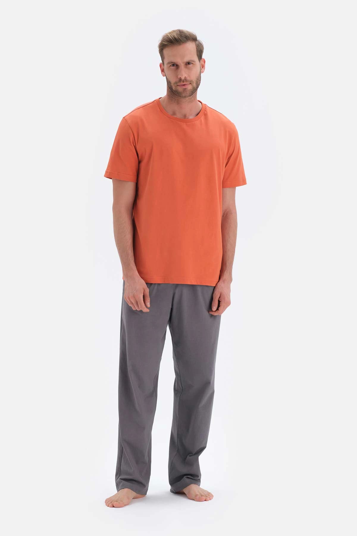 Turuncu Kısa Kollu Basıc Örme Pijama Takımı