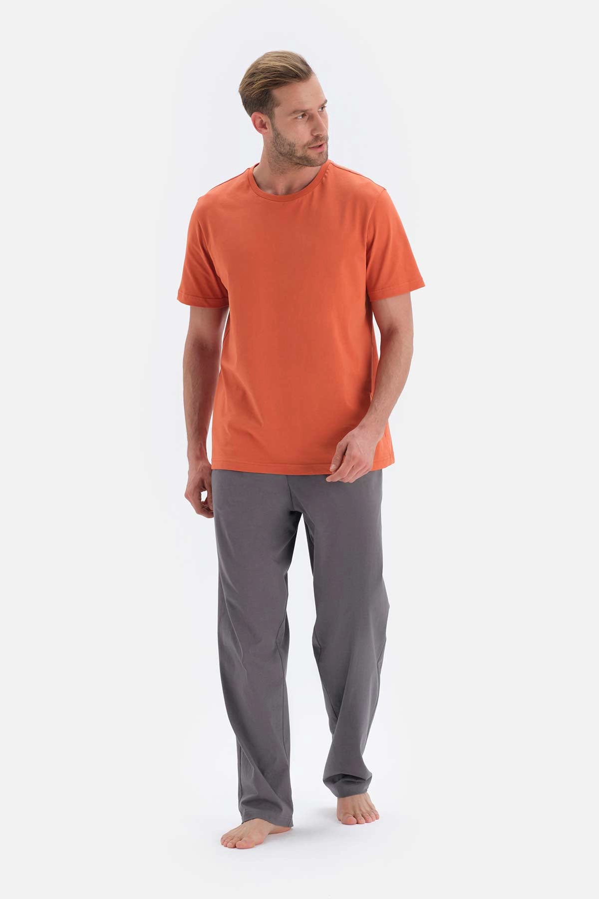 Turuncu Kısa Kollu Basıc Örme Pijama Takımı