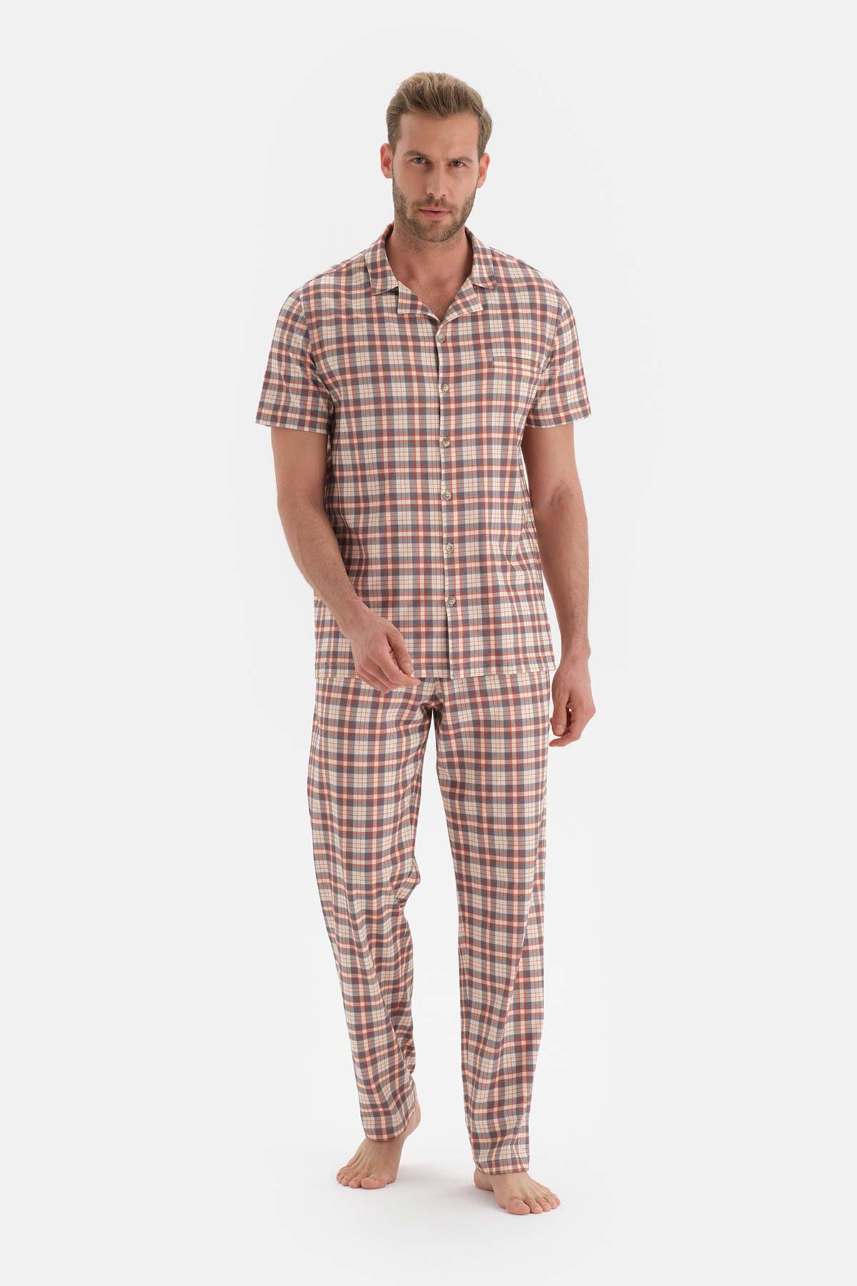 Gri Gömlek Yaka Ekose Örme Pijama Takımı