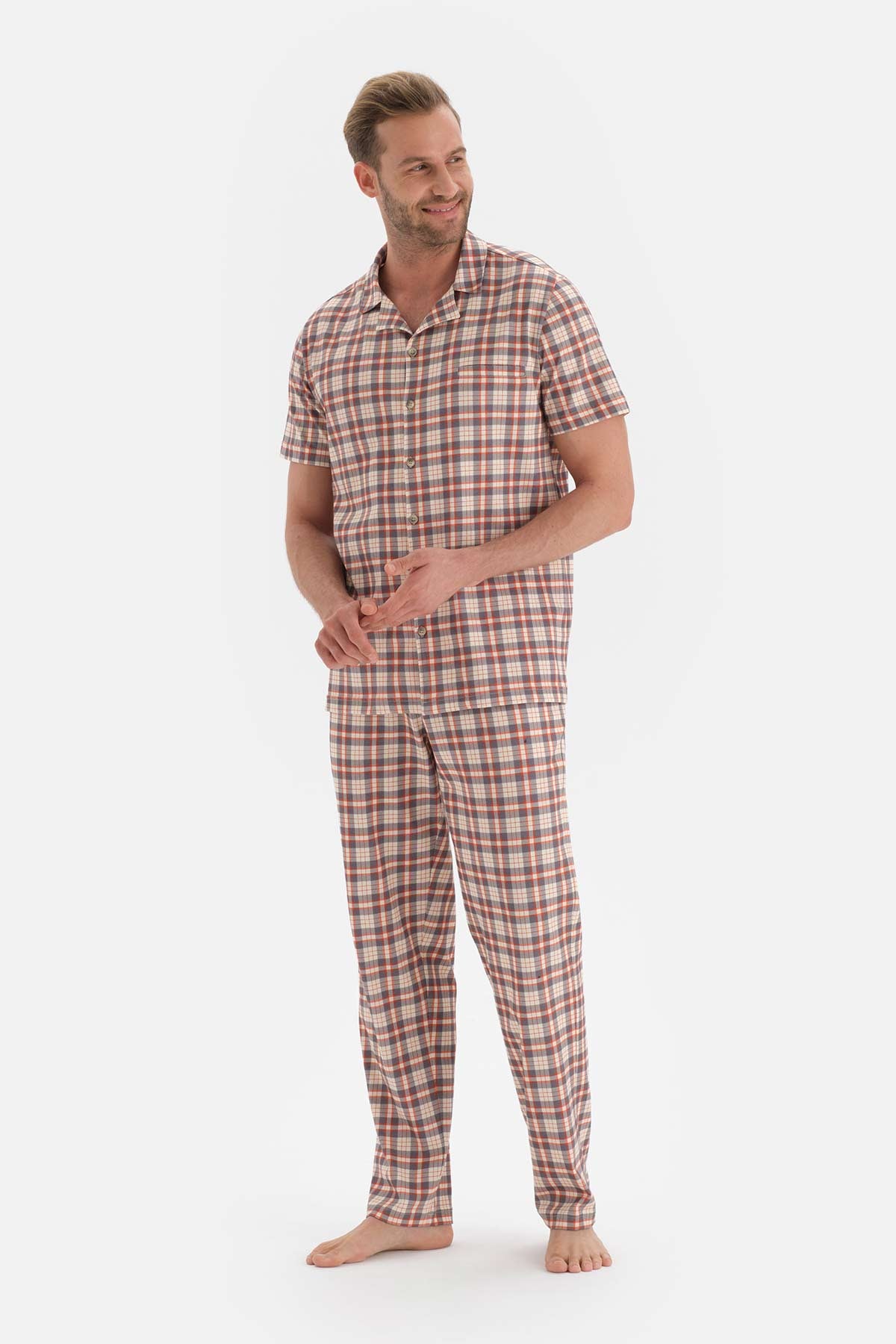 Gri Gömlek Yaka Ekose Örme Pijama Takımı
