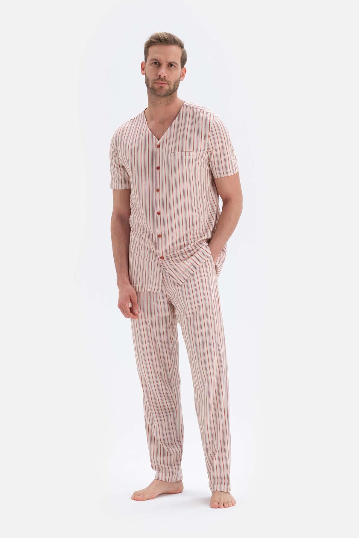 Ekru Çizgili Kısa Kol V Yaka Pamuklu Pijama Takımı