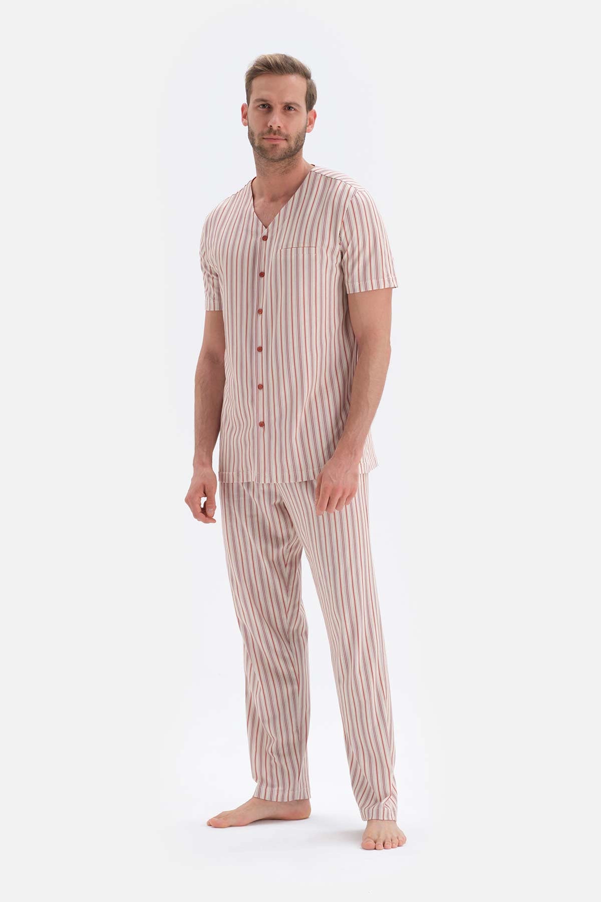 Ekru Çizgili Kısa Kol V Yaka Pamuklu Pijama Takımı