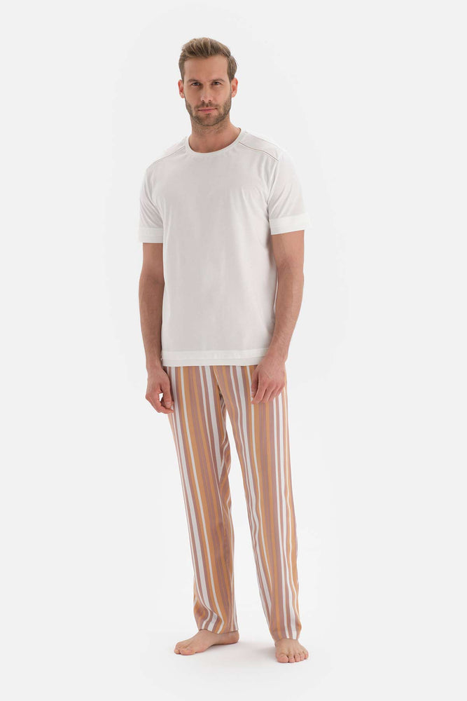 Ekru Kısa Kollu Reglan Kol Örme Pijama Takımı