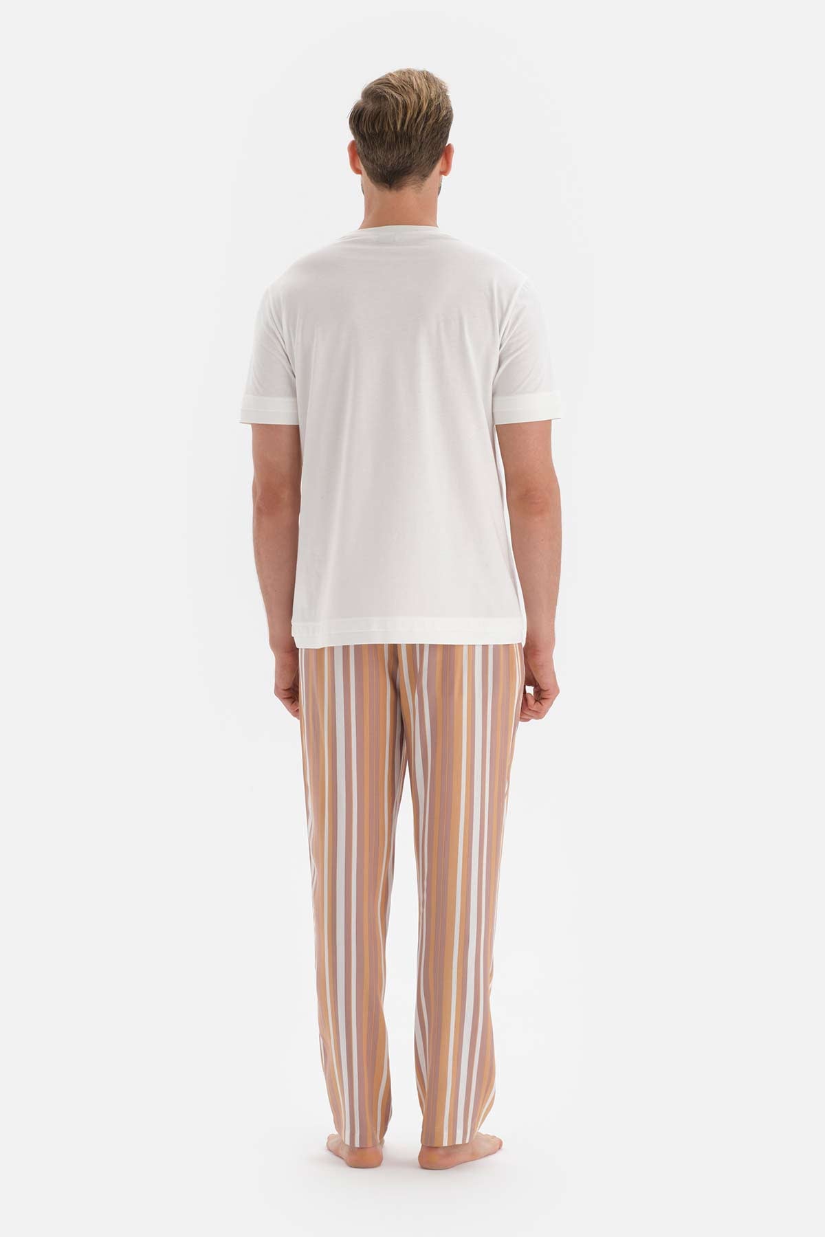 Ekru Kısa Kollu Reglan Kol Örme Pijama Takımı