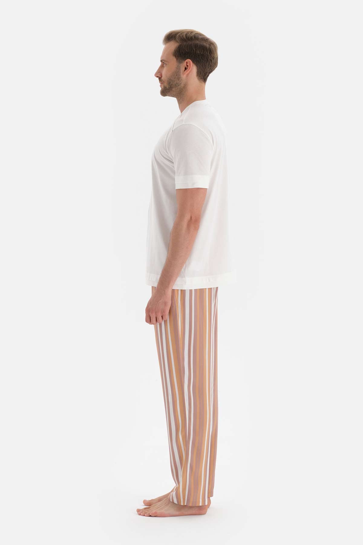 Ekru Kısa Kollu Reglan Kol Örme Pijama Takımı