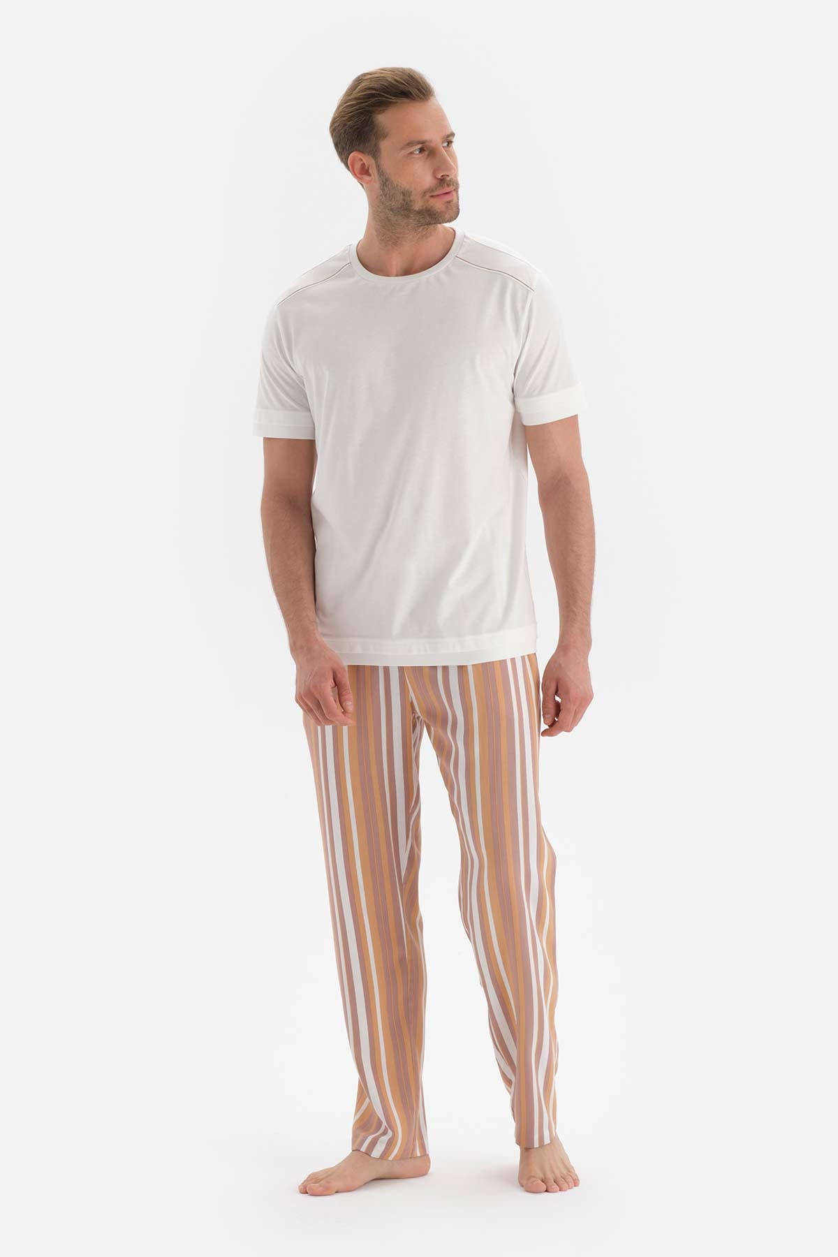 Ekru Kısa Kollu Reglan Kol Örme Pijama Takımı