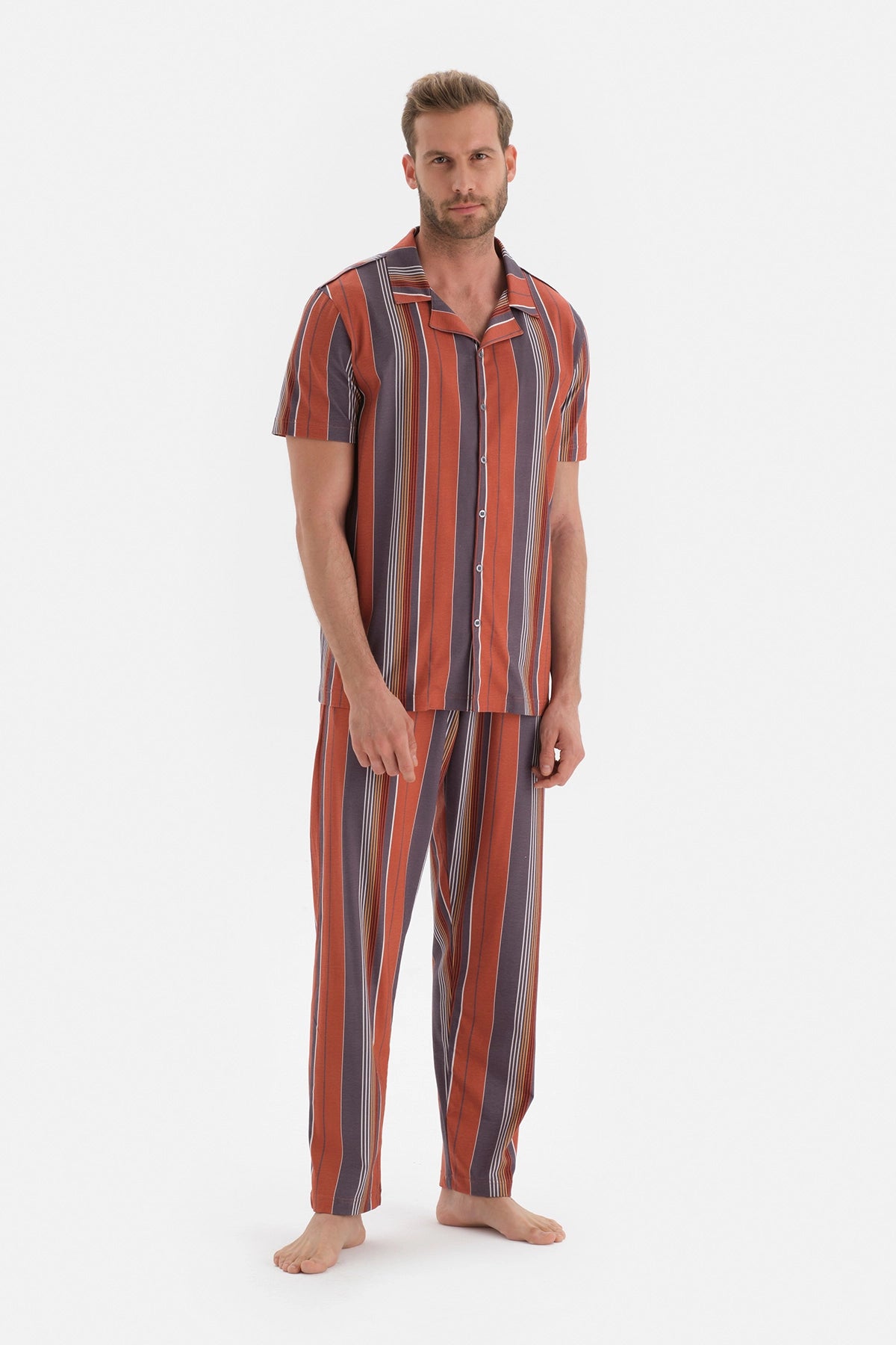 Bordo Gömlek Yaka Çizgili Örme Pijama Takım