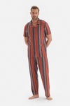 Bordo Gömlek Yaka Çizgili Örme Pijama Takım