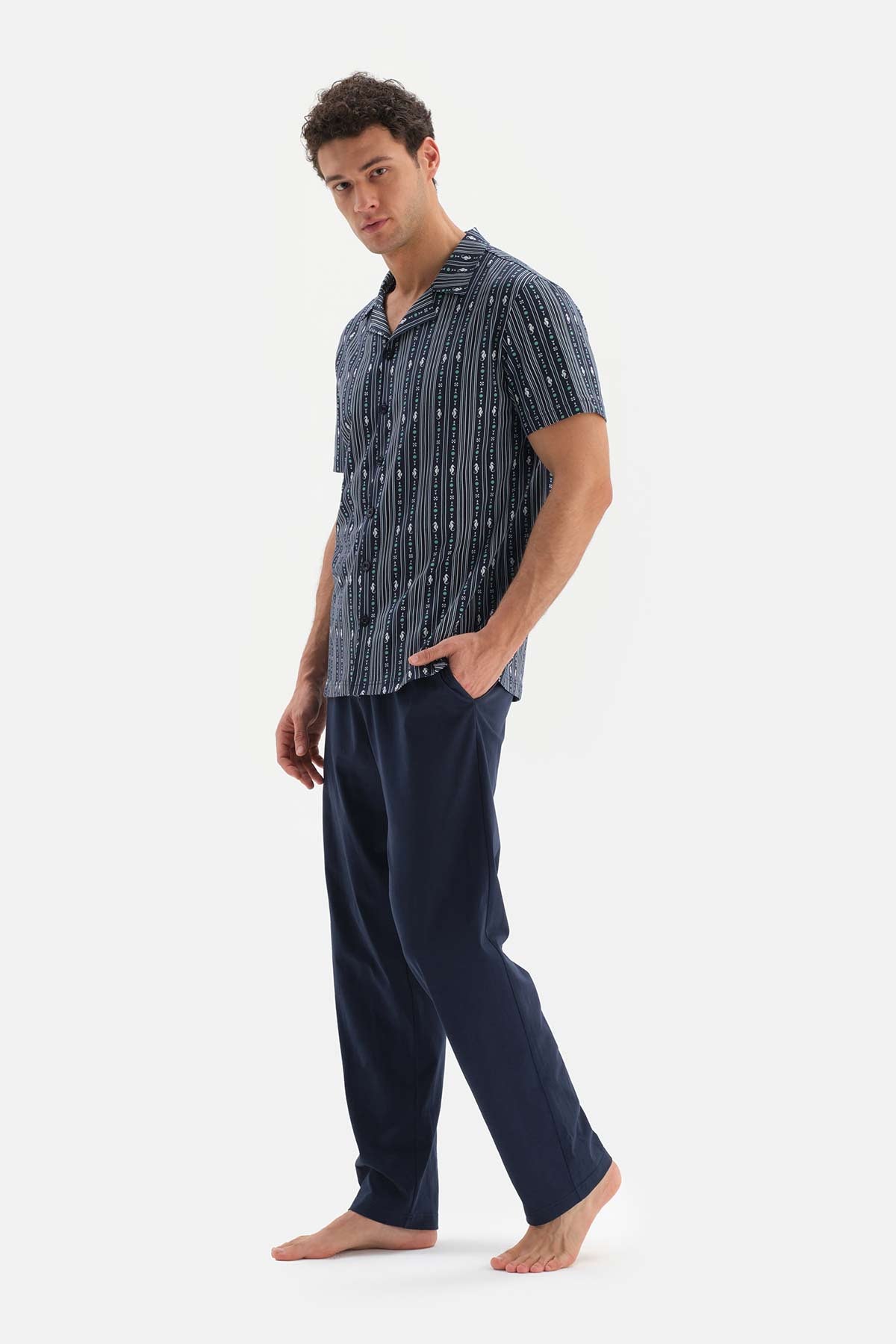 Lacivert Gömlek Yaka Baskılı Üst Örme Pijama Takımı