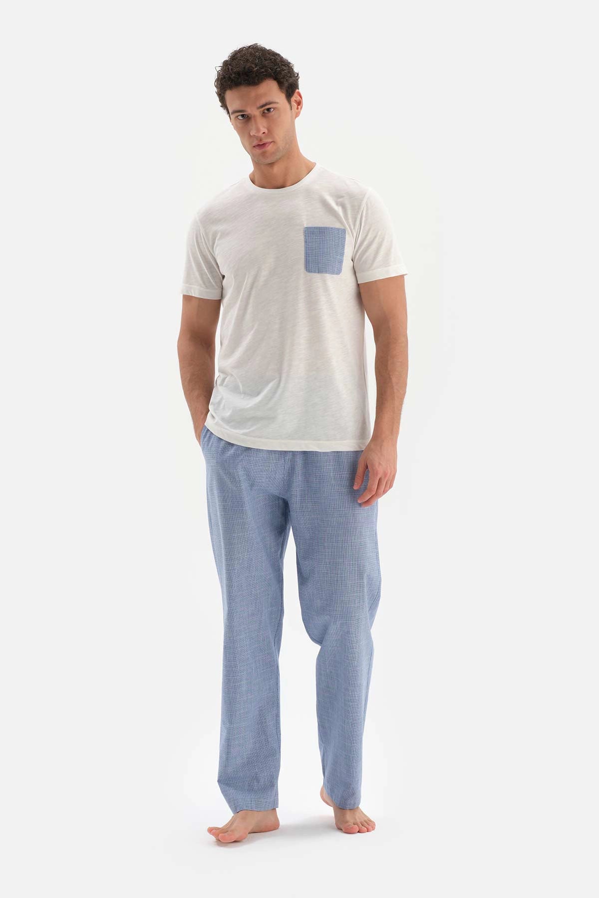 Beyaz Kısa Kol Cep Garnili Pamuklu Pijama Takımı