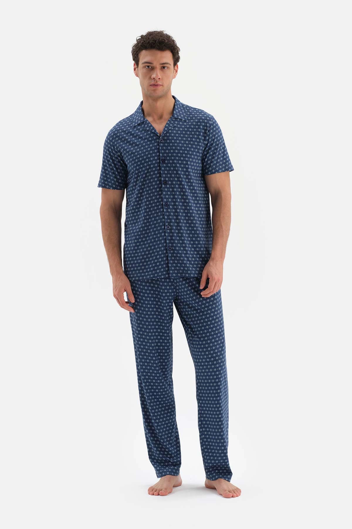 Lacivert Metraj Baskılı Gömlek Yaka Modal Pijama Takımı