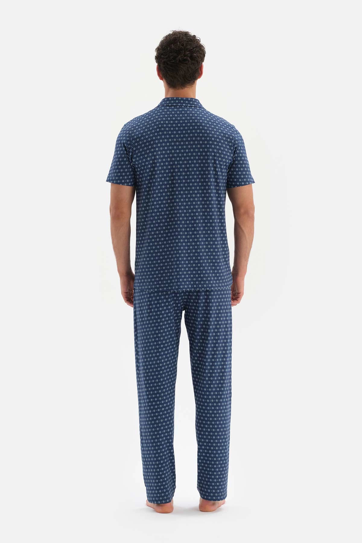 Lacivert Metraj Baskılı Gömlek Yaka Modal Pijama Takımı