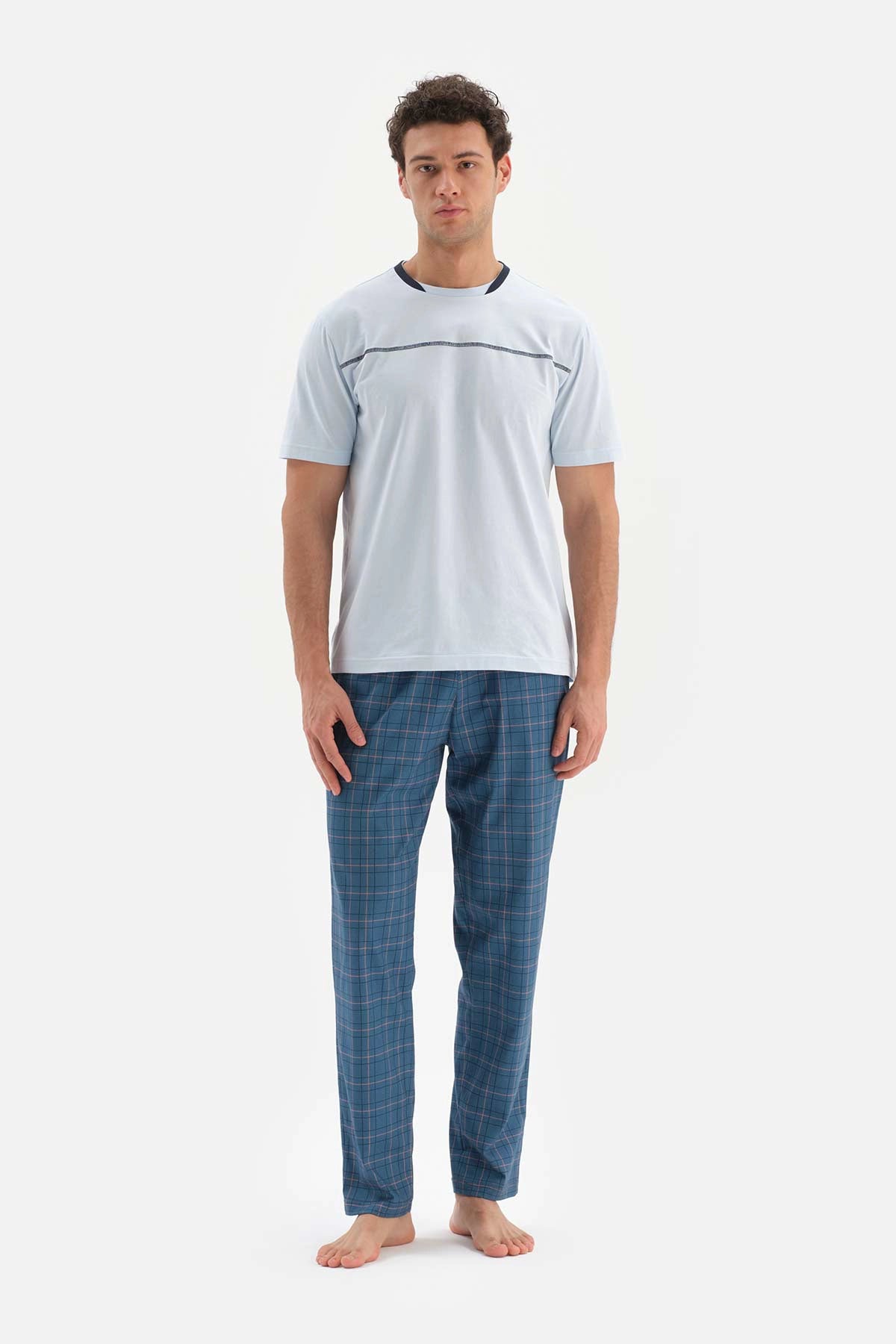 Açıkmavi Ekoseli Kısa Kol Pamuklu Pijama Takımı