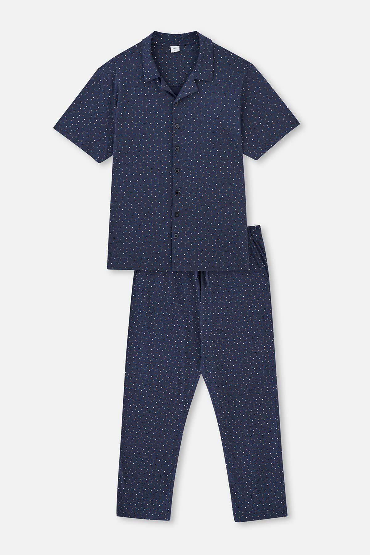 Lacivert Gömlek Yaka Kısa Kollu Desenli Pijama Takımı