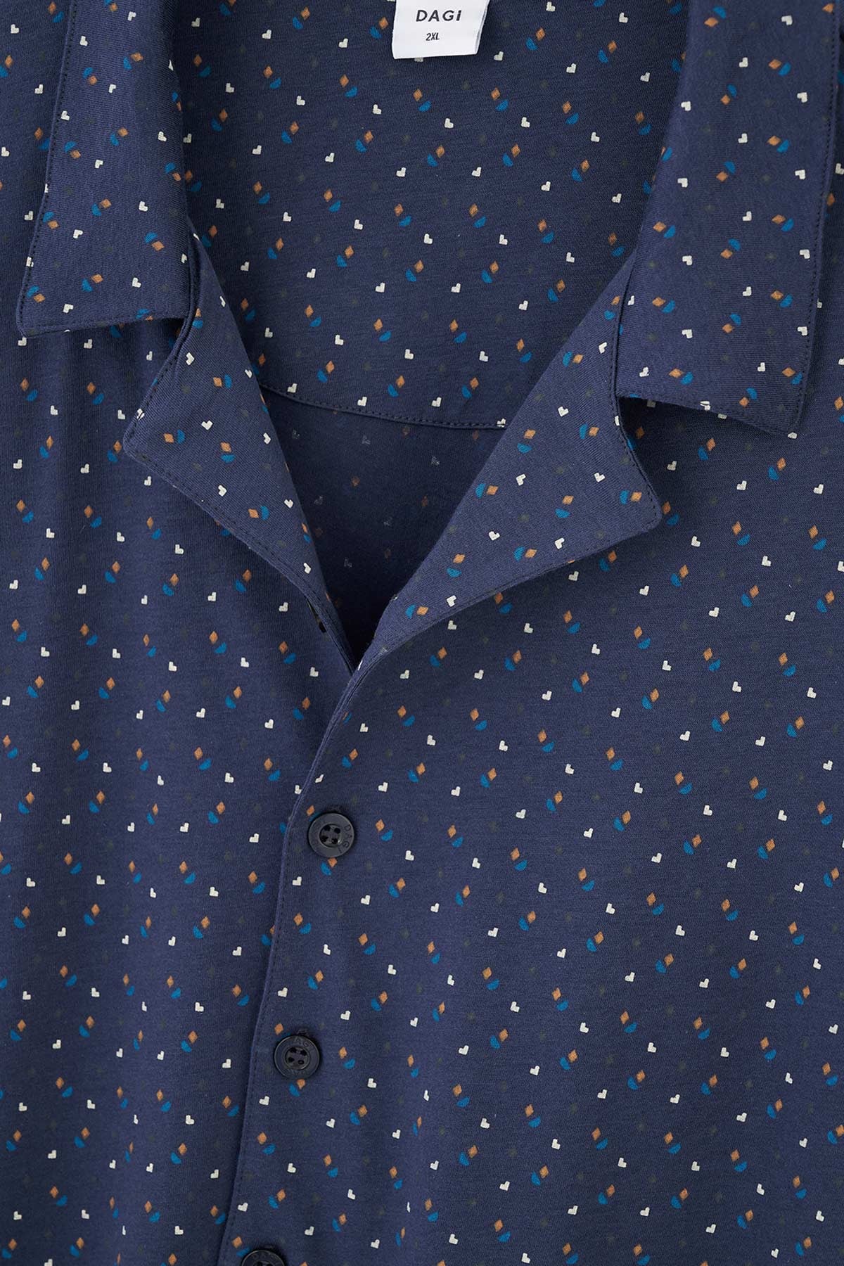 Lacivert Gömlek Yaka Kısa Kollu Desenli Pijama Takımı