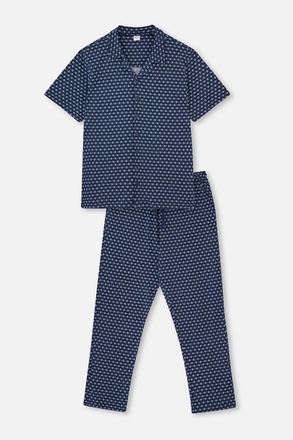 Lacivert Gömlek Yaka Metraj Baskılı Pijama Takımı