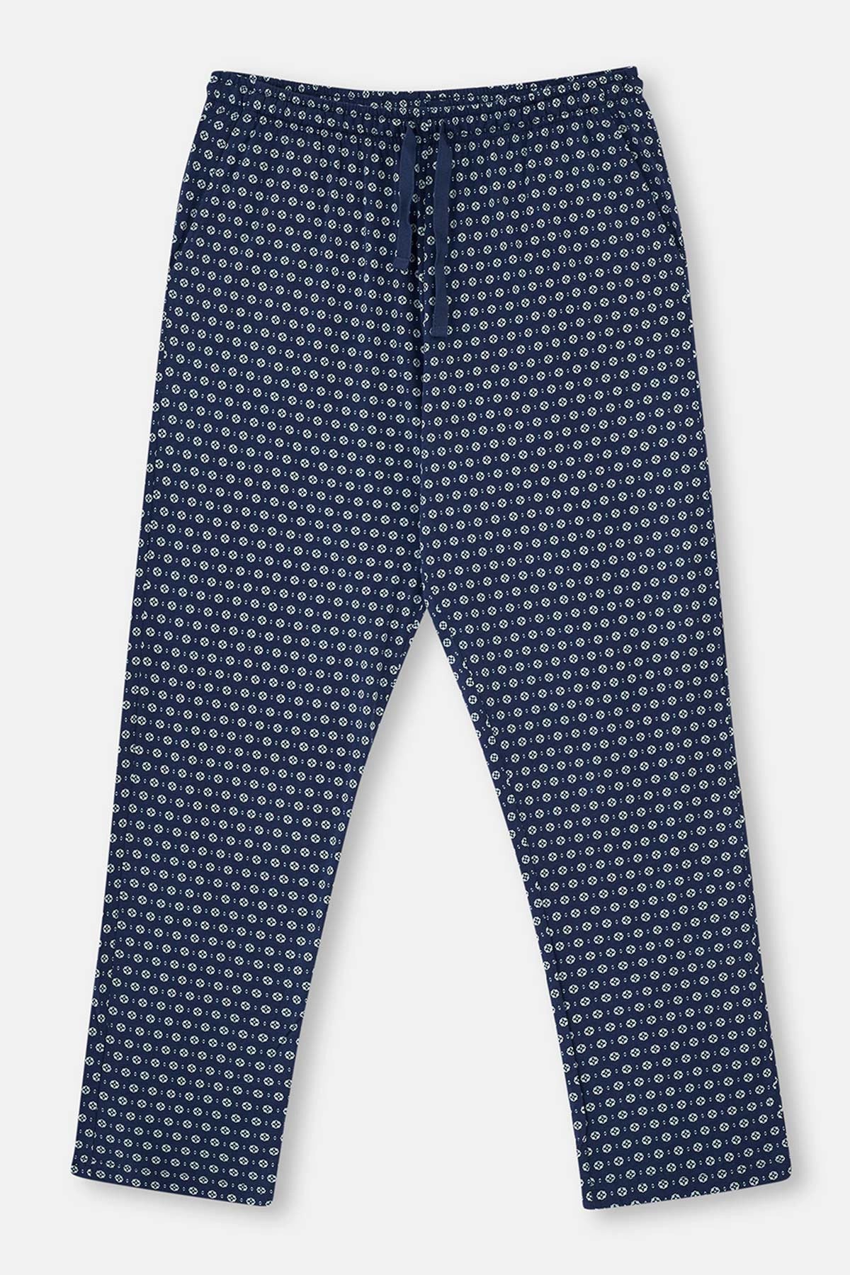 Lacivert Gömlek Yaka Metraj Baskılı Pijama Takımı