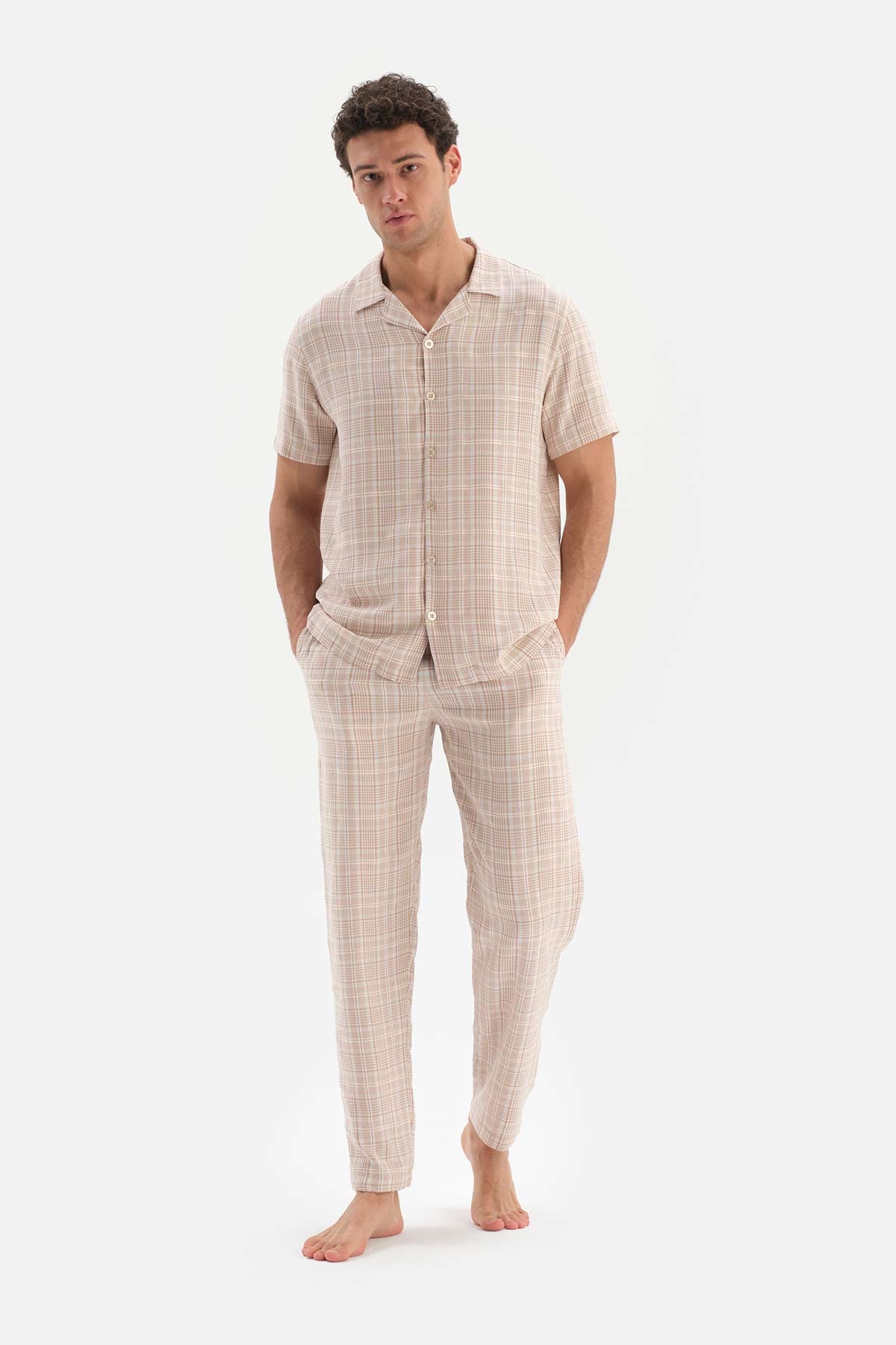 Bej Gömlek Yaka Ekoseli Dokuma Pijama Takımı