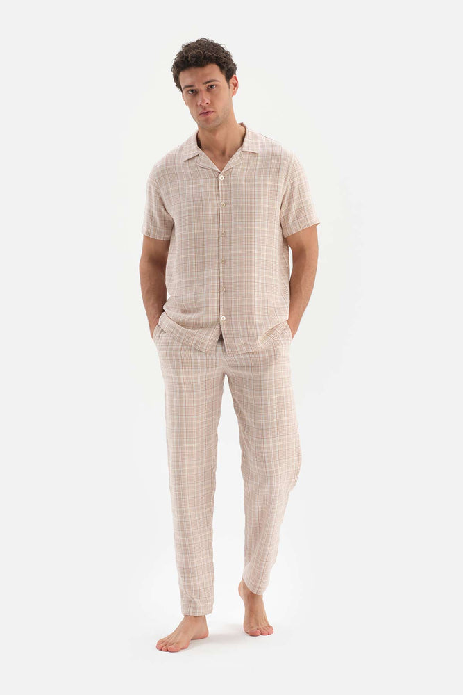 Bej Gömlek Yaka Ekoseli Dokuma Pijama Takımı
