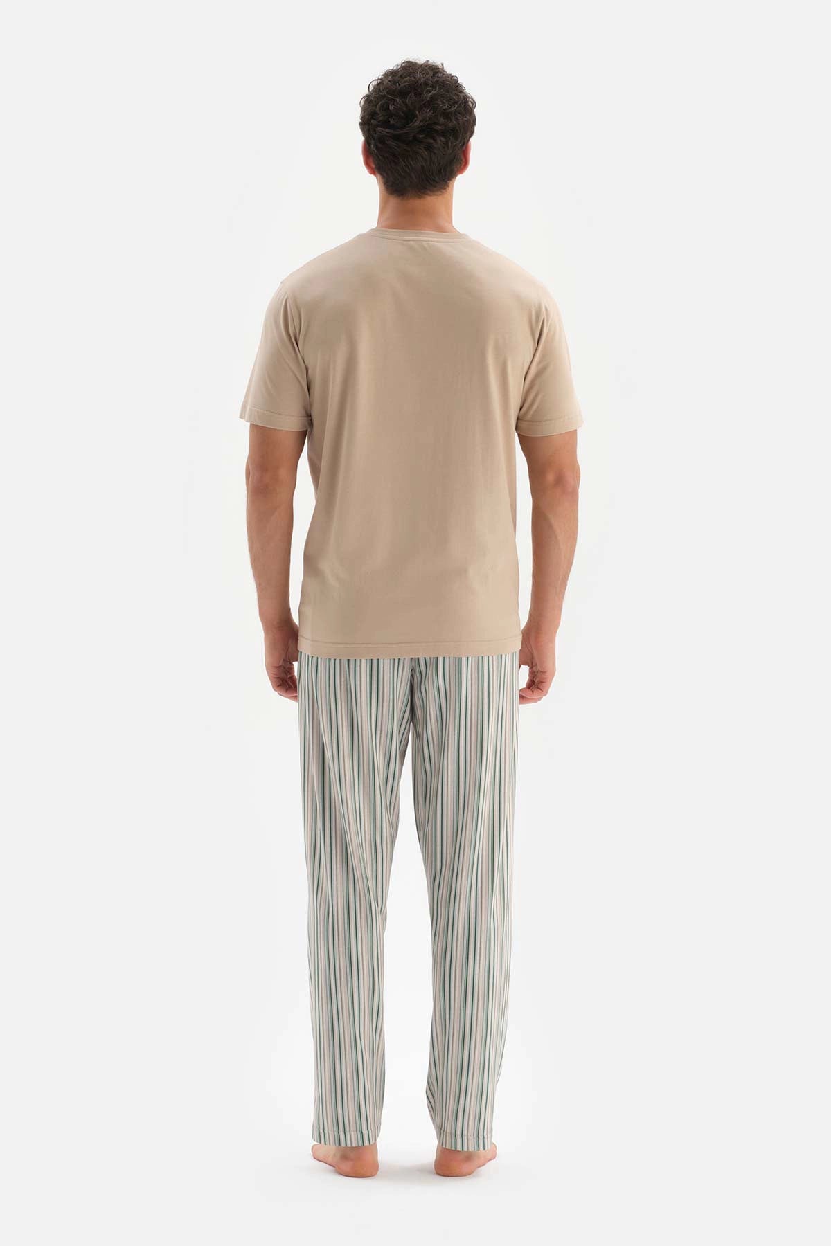 Bej Yarım Patlı Çizgili Alt Örme Pijama Takımı