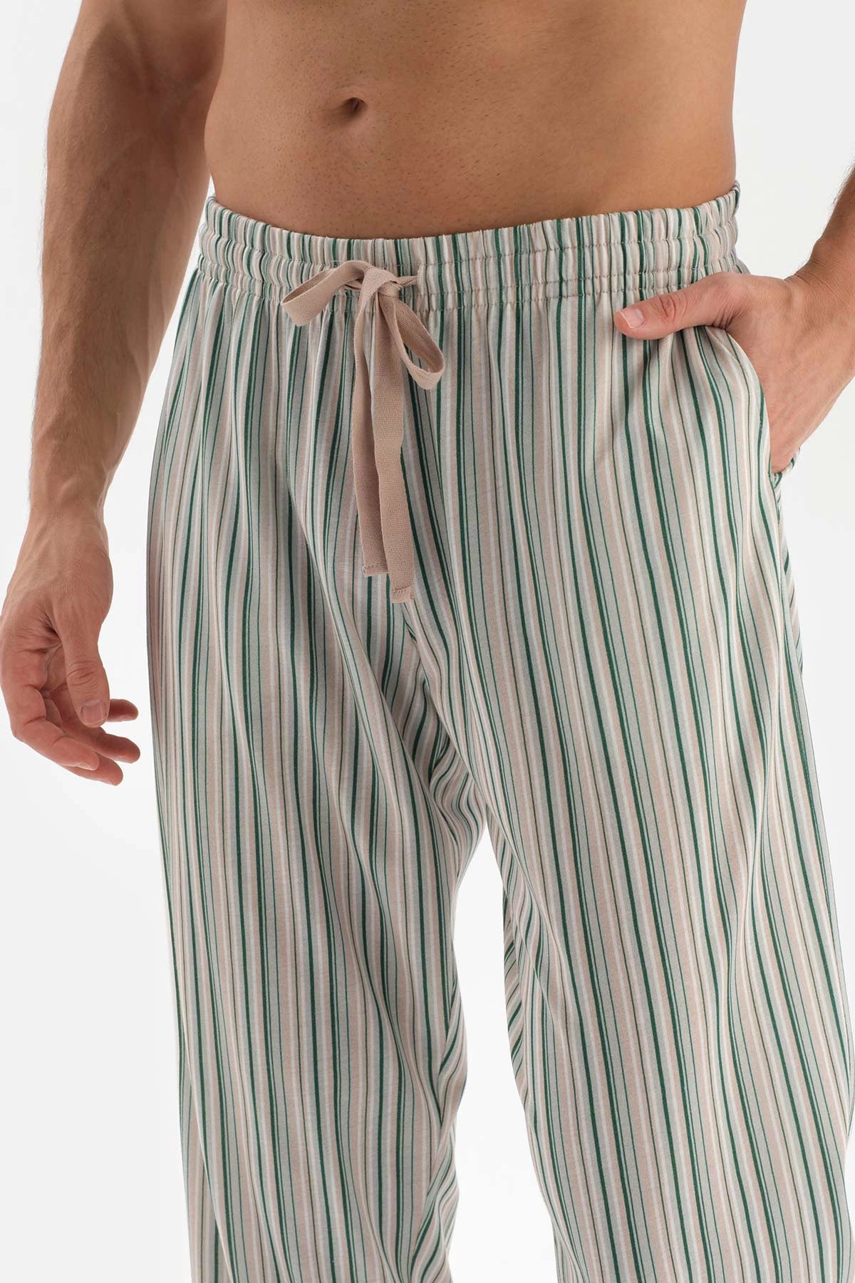 Bej Yarım Patlı Çizgili Alt Örme Pijama Takımı