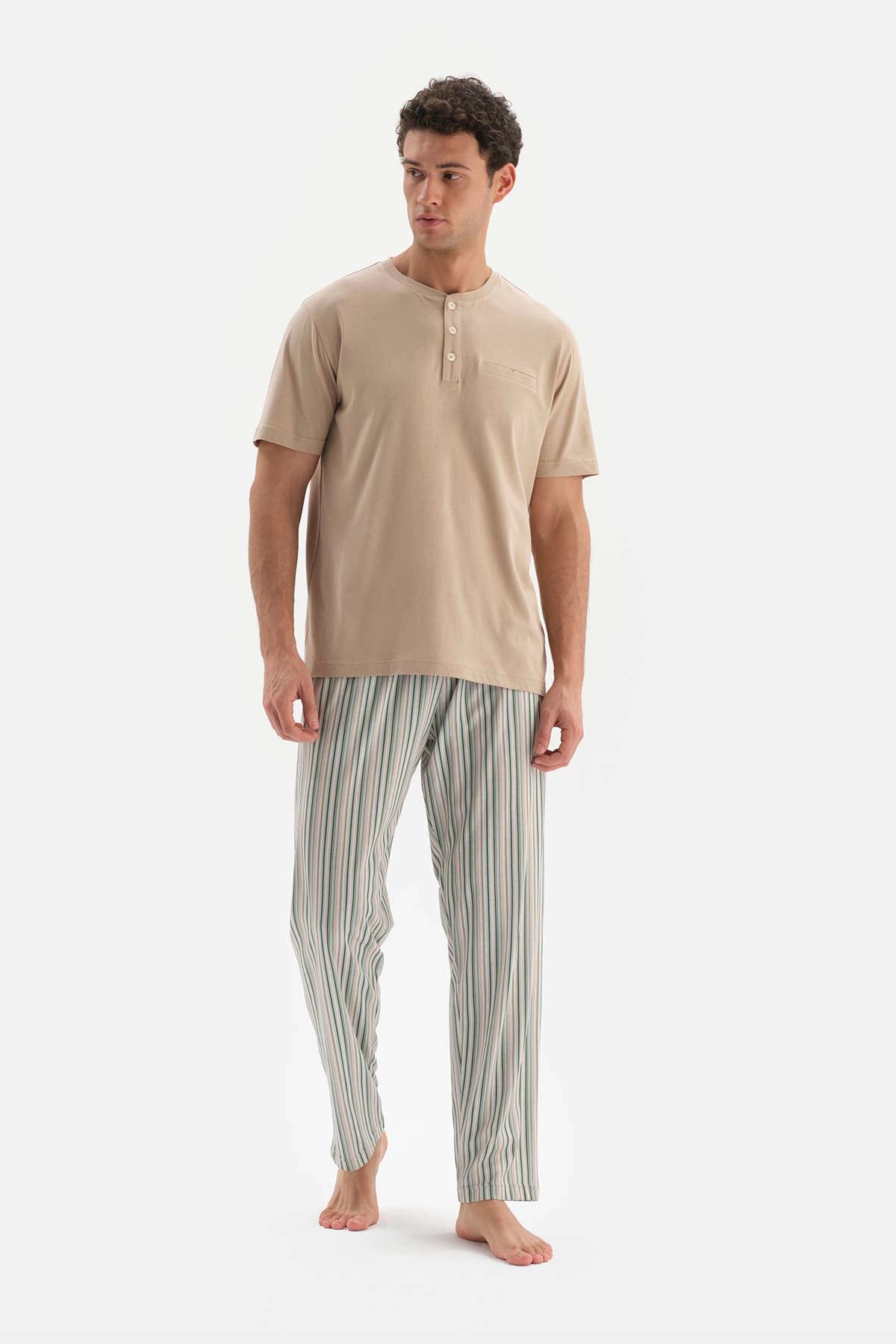 Bej Yarım Patlı Çizgili Alt Örme Pijama Takımı