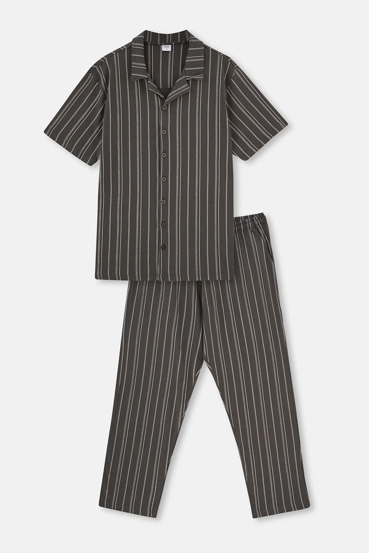 Antrasit Gömlek Yaka Çizgili Örme Pijama Takım