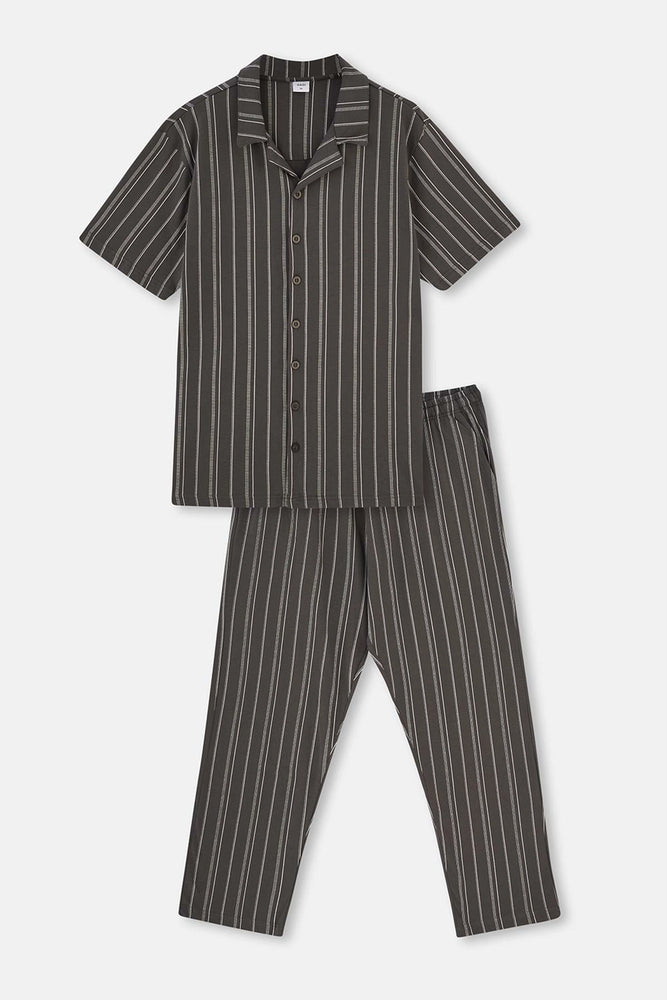 Antrasit Gömlek Yaka Çizgili Örme Pijama Takım