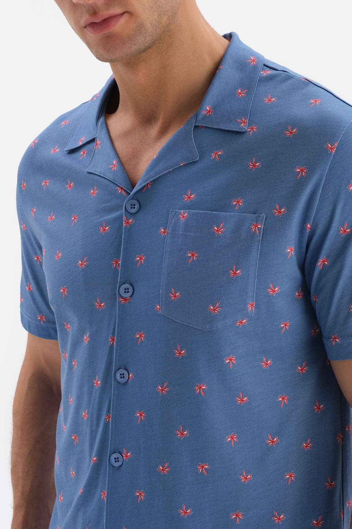 Mavi Gömlek Yaka Mikroprınt Baskılı Pijama Takımı