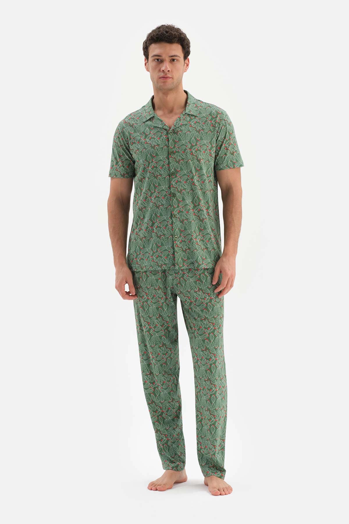 Yeşil Gömlek Yaka Metraj Baskılı Modal Pijama Takımı